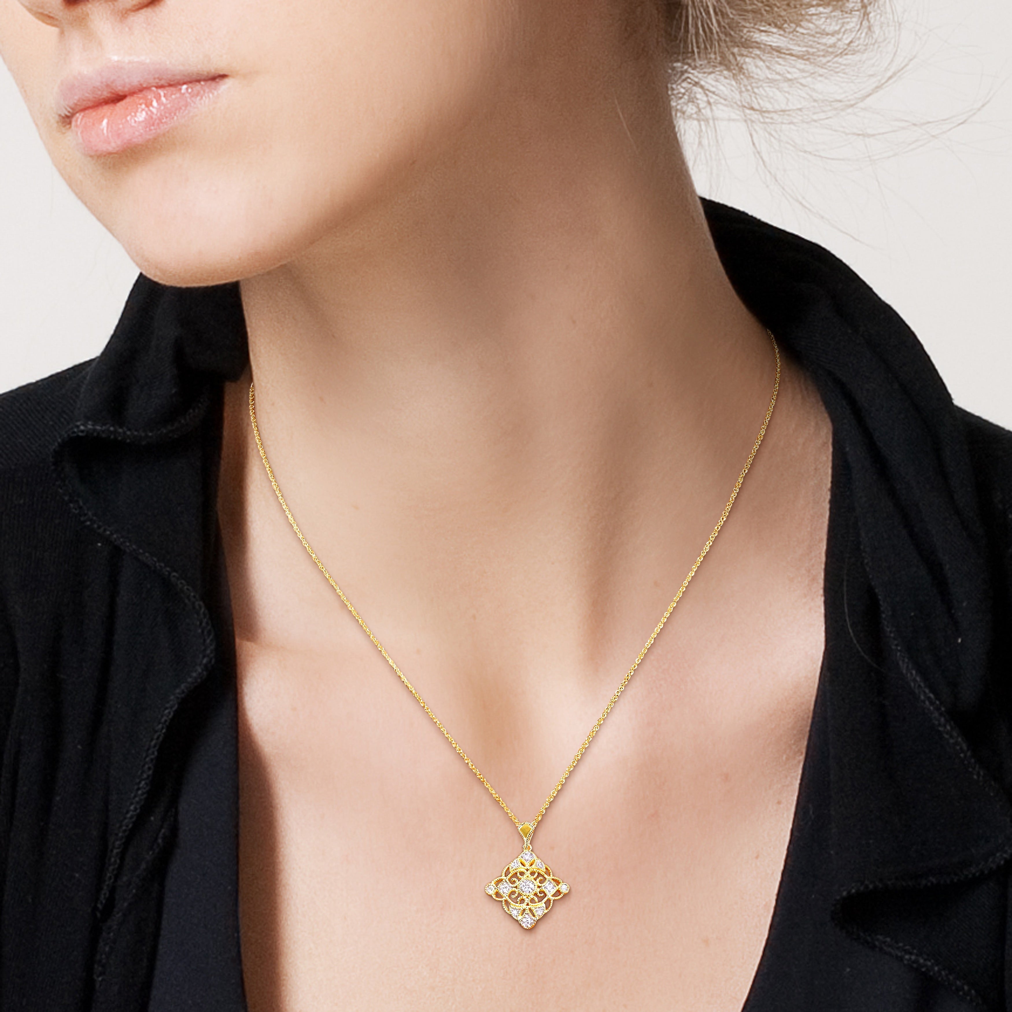 Miadora 10k Yellow Gold 1/10ct TDW Diamond Lozenge Lace Drop Necklace