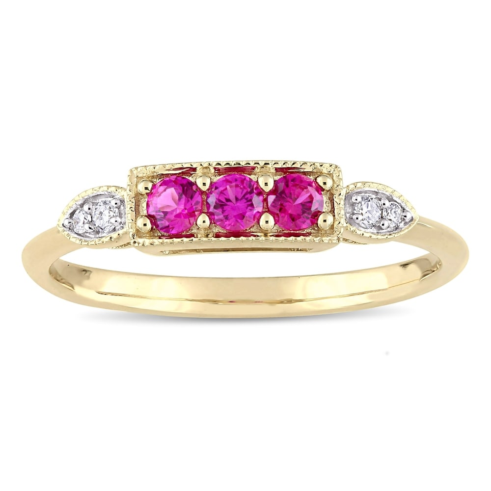 Miadora 10k Yellow Gold Blue Created Ruby and Diamond Bar Ring