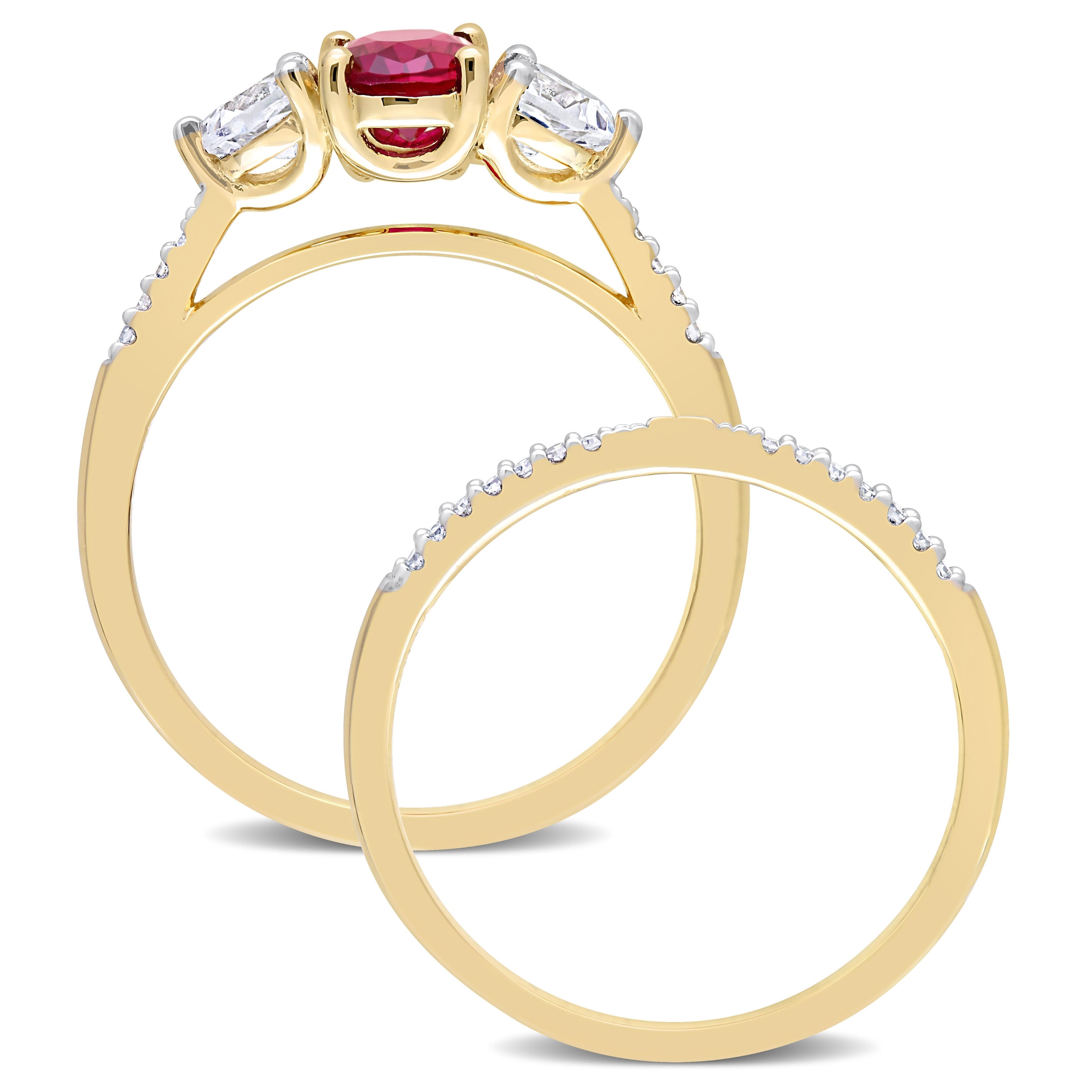 Miadora 10k Yellow Gold Created Ruby White Sapphire & 1/10ct TDW Diamond 3-Stone Bridal Ring Set
