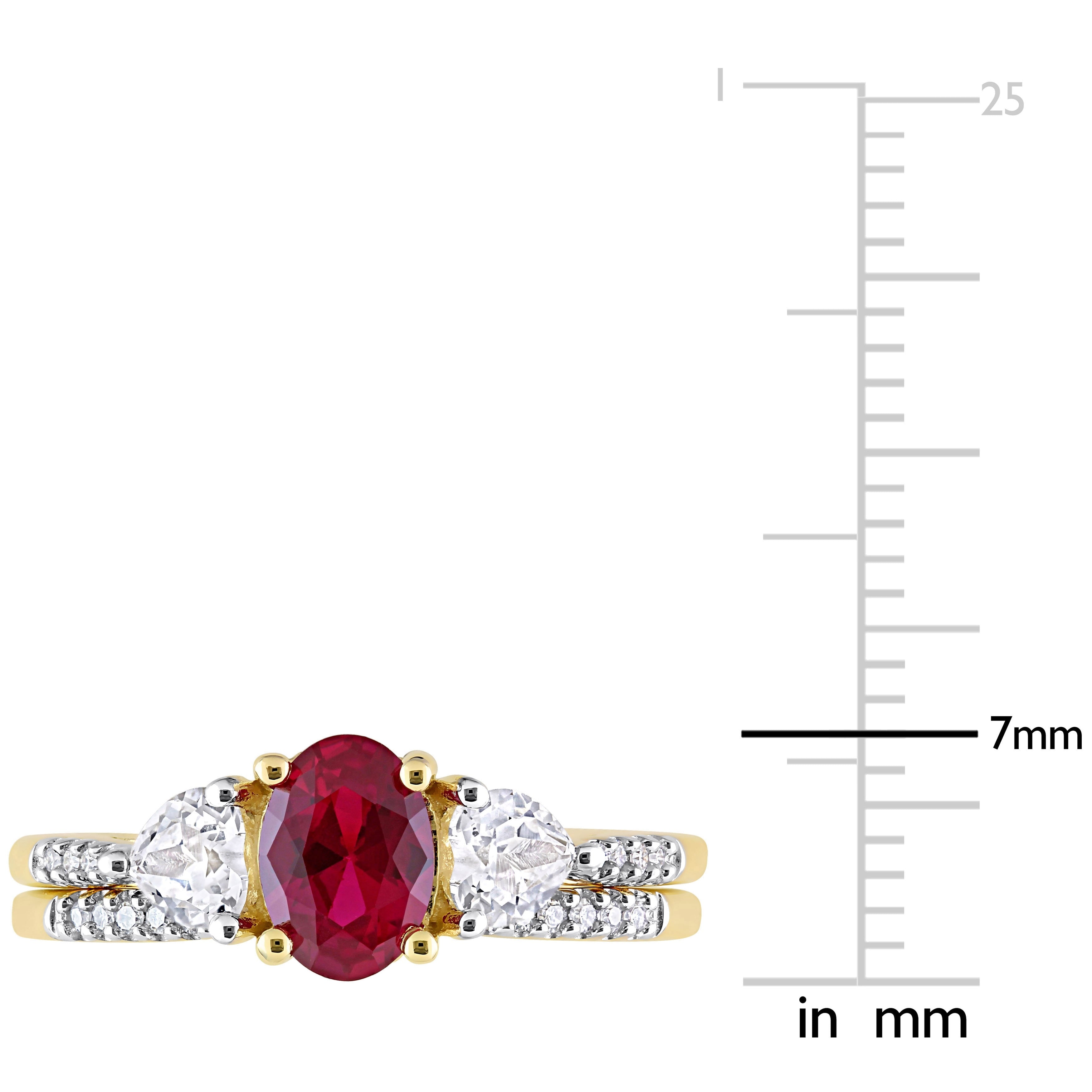 Miadora 10k Yellow Gold Created Ruby White Sapphire & 1/10ct TDW Diamond 3-Stone Bridal Ring Set