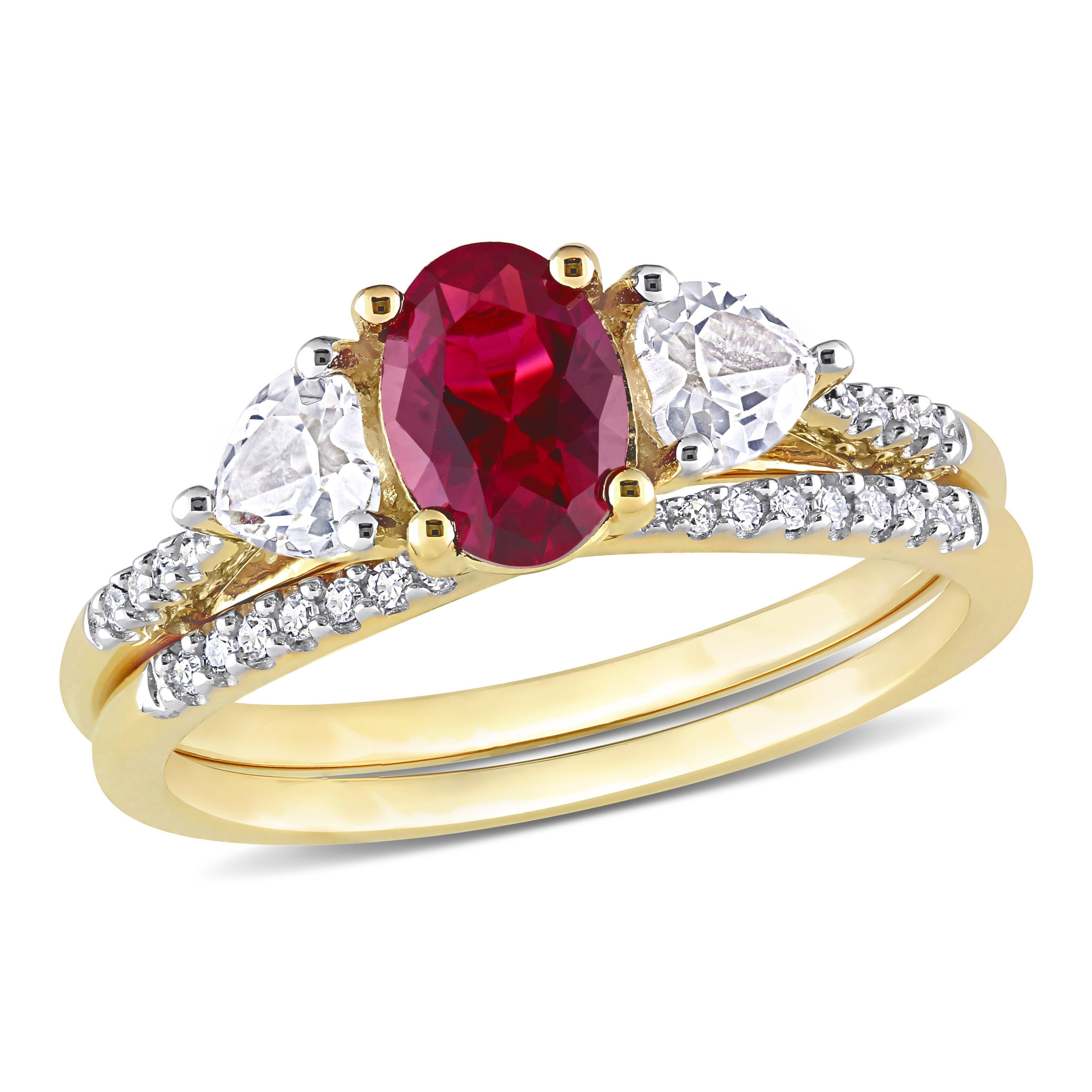 Miadora 10k Yellow Gold Created Ruby White Sapphire & 1/10ct TDW Diamond 3-Stone Bridal Ring Set