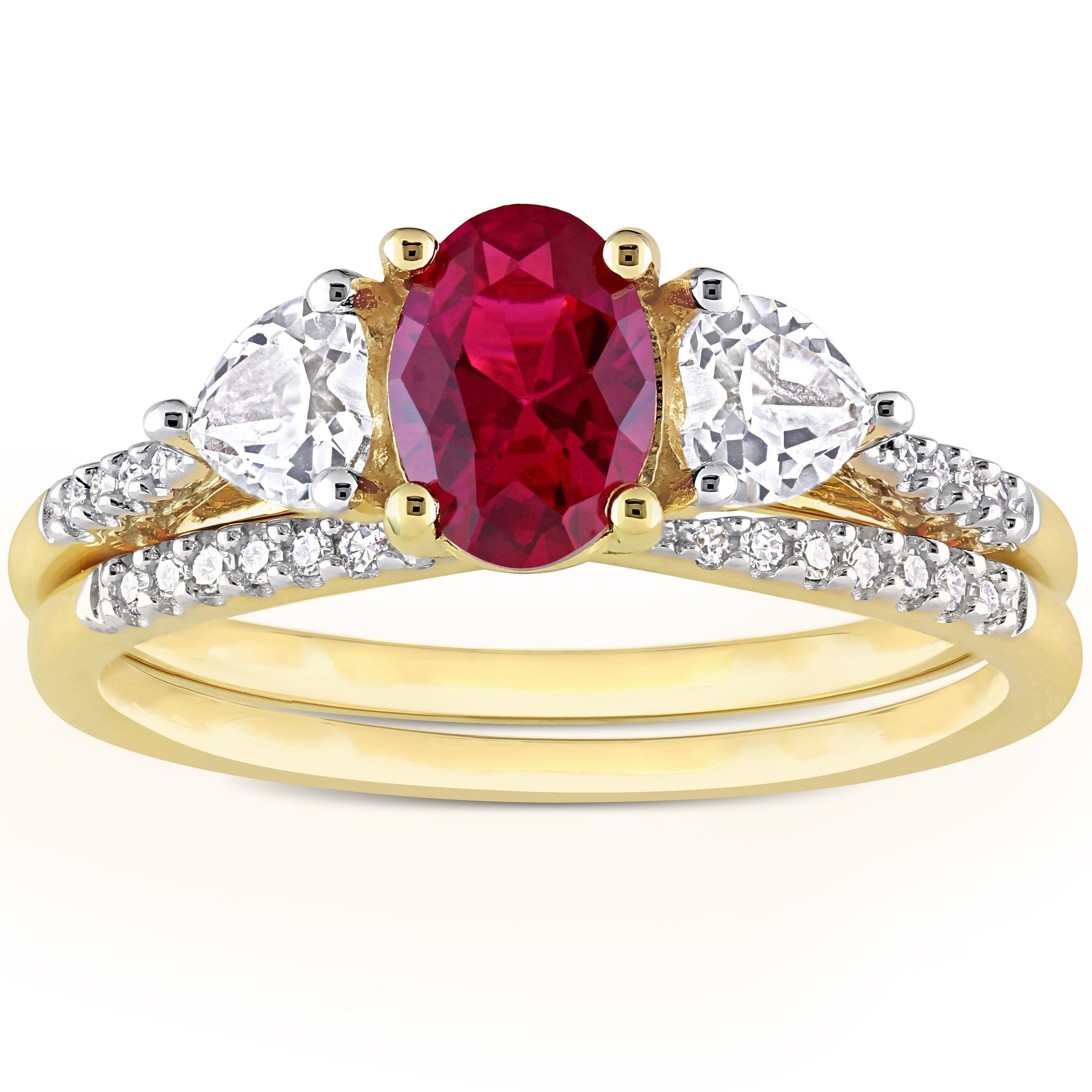Miadora 10k Yellow Gold Created Ruby White Sapphire & 1/10ct TDW Diamond 3-Stone Bridal Ring Set