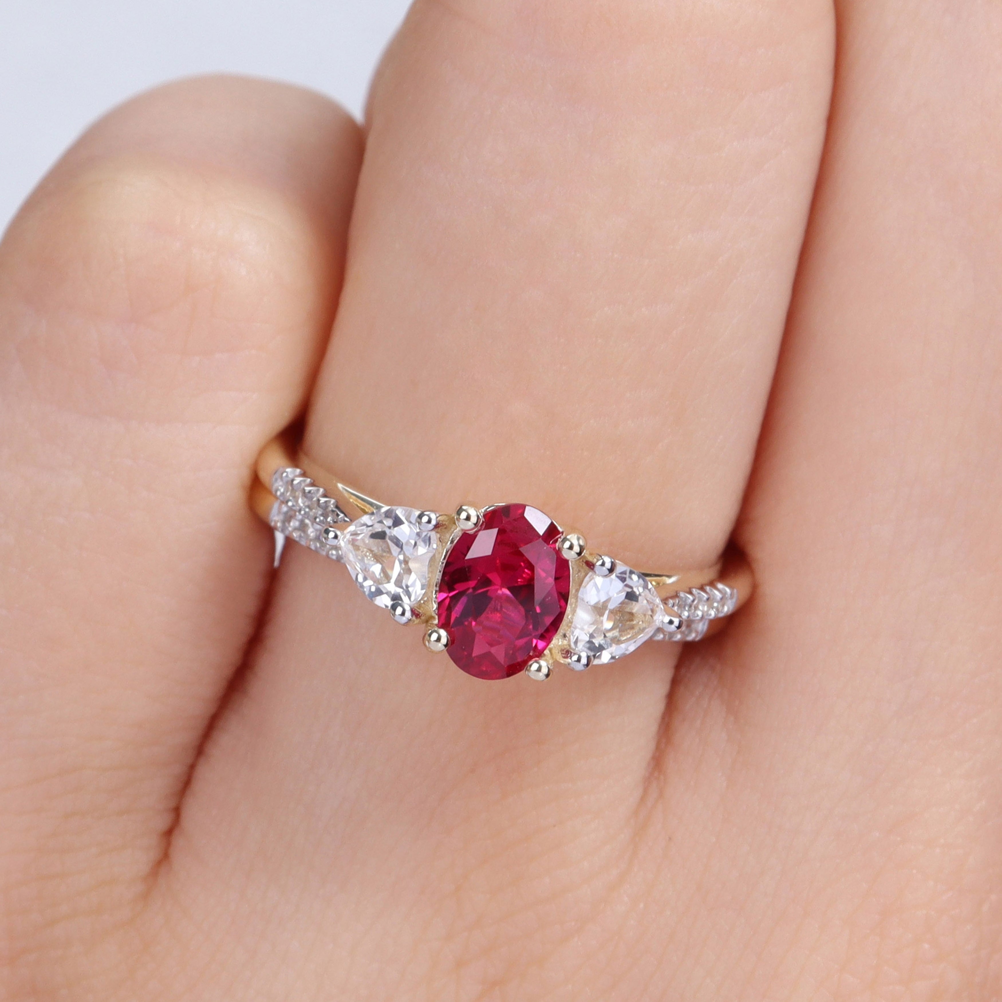 Miadora 10k Yellow Gold Created Ruby White Sapphire & 1/10ct TDW Diamond 3-Stone Bridal Ring Set