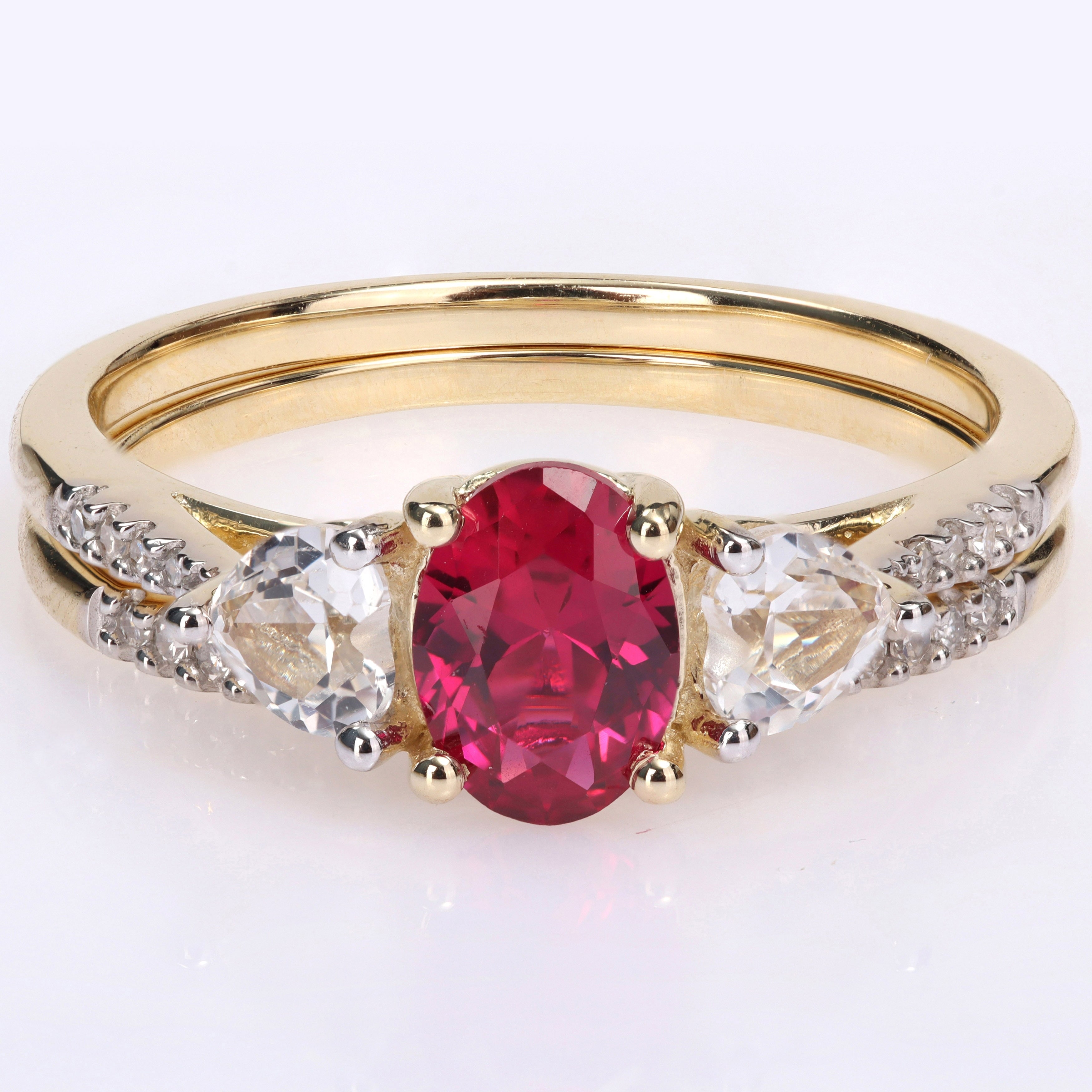 Miadora 10k Yellow Gold Created Ruby White Sapphire & 1/10ct TDW Diamond 3-Stone Bridal Ring Set