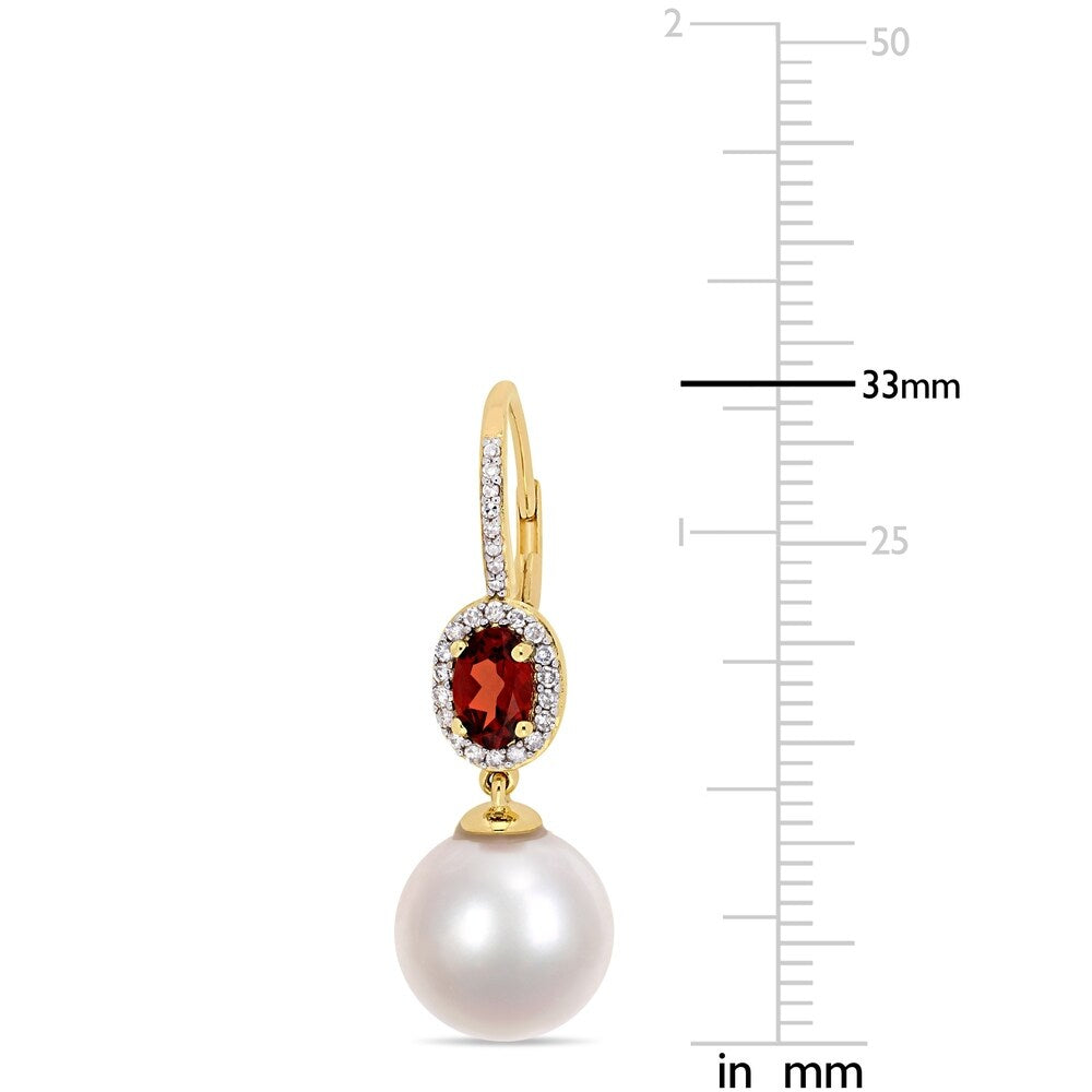 Miadora 10k Yellow Gold Cultured Freshwater Pearl 1/4ct TDW Diamond Garnet Drop Earrings (11-12mm)