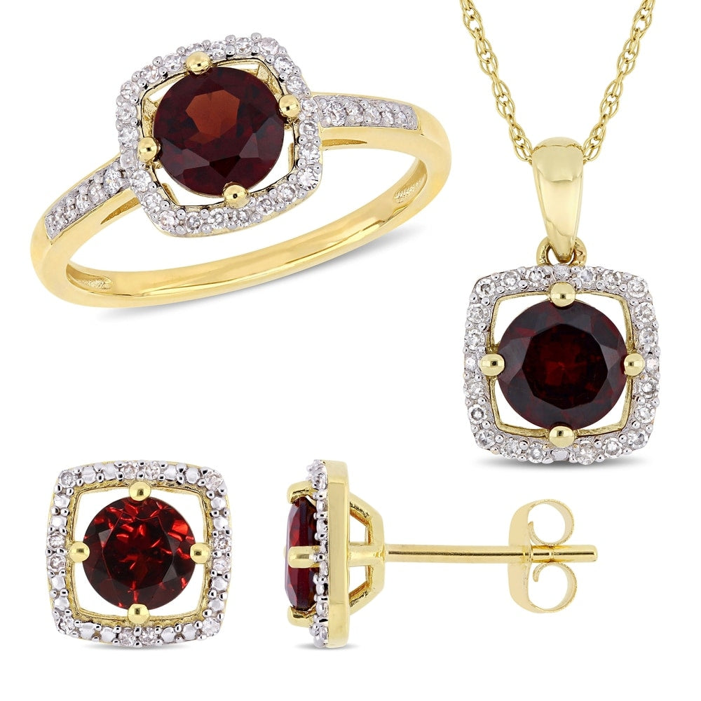 Miadora 10k Yellow Gold Garnet and 1/3ct TDW Diamond Floating Halo Jewelry Set
