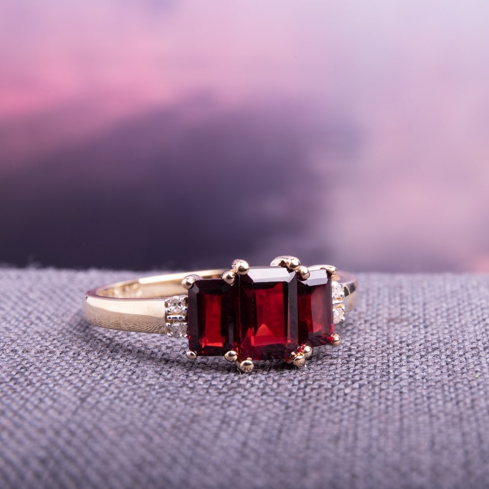 Miadora 10k Yellow Gold Garnet and Diamond 3-stone Ring