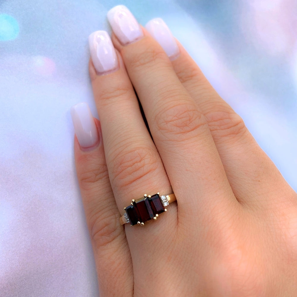 Miadora 10k Yellow Gold Garnet and Diamond 3-stone Ring