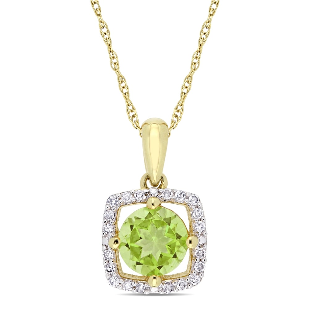 Miadora 10k Yellow Gold Peridot and 1/8ct TDW Diamond Floating Square Halo Dangle Necklace