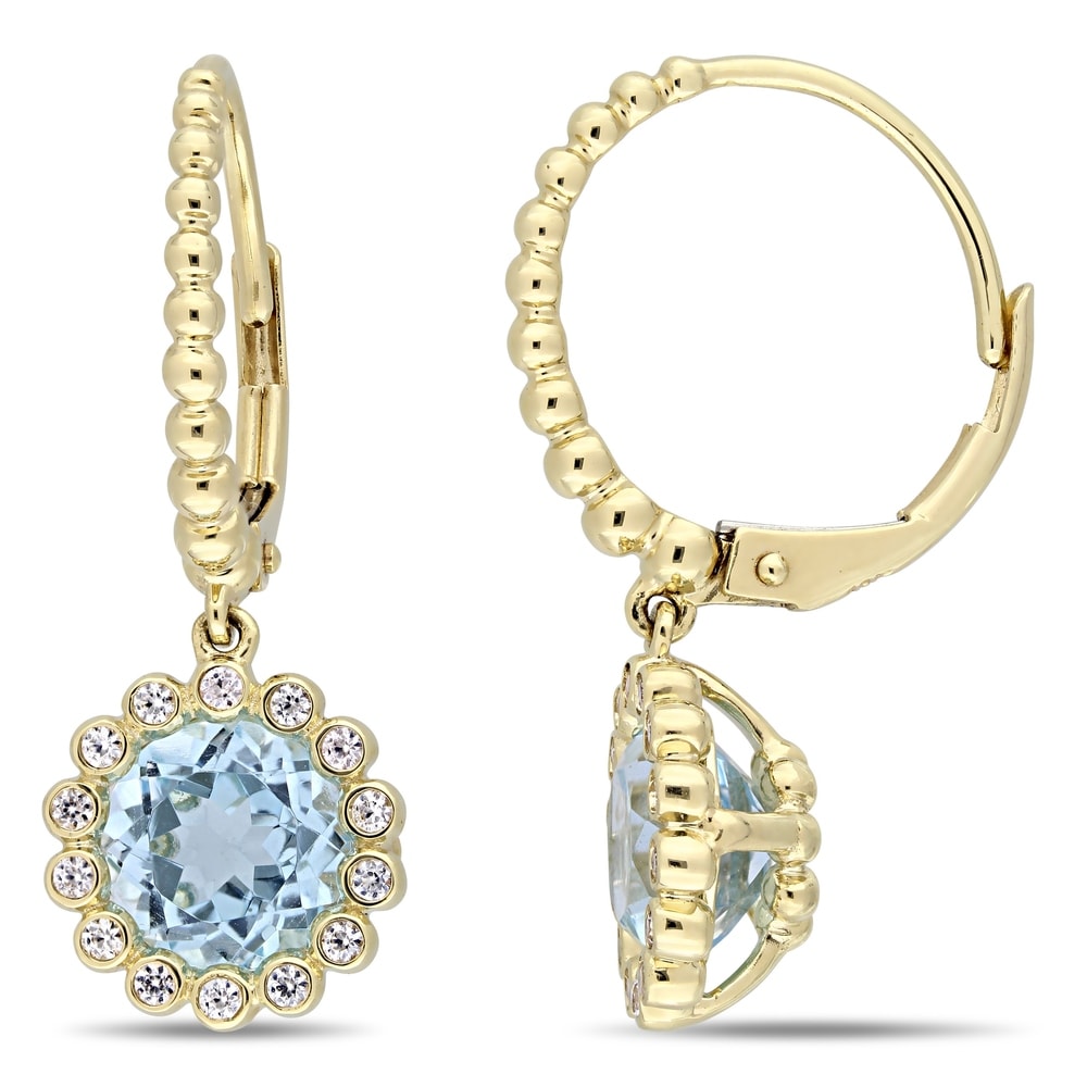 Miadora 10k Yellow Gold Sky-Blue Topaz and White Sapphire Halo Drop Leverback Earrings