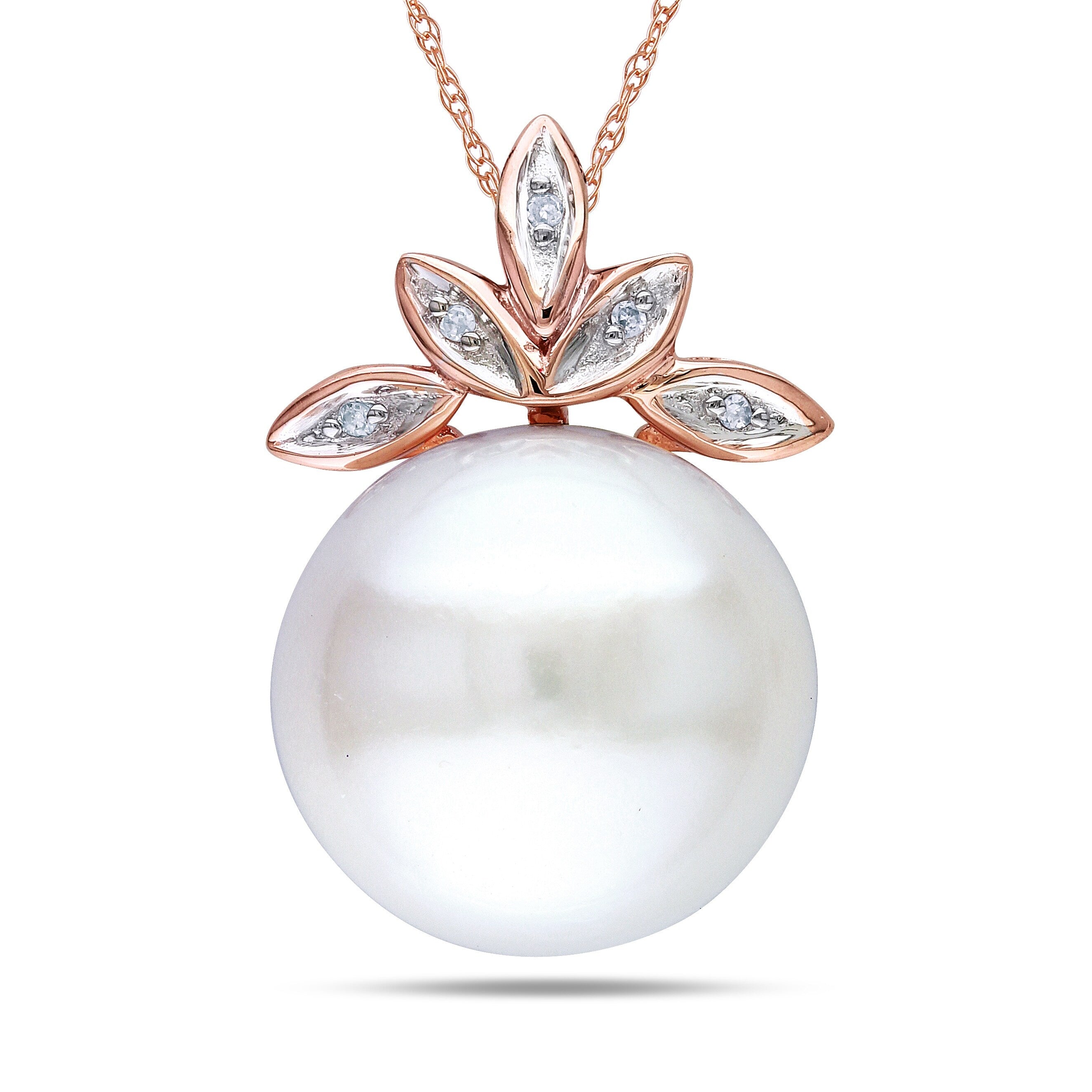 Miadora 11.5-12mm Cultured Freshwater Pearl and Diamond Leaf Pendant with Singapore Chain in 10k Rose Gold