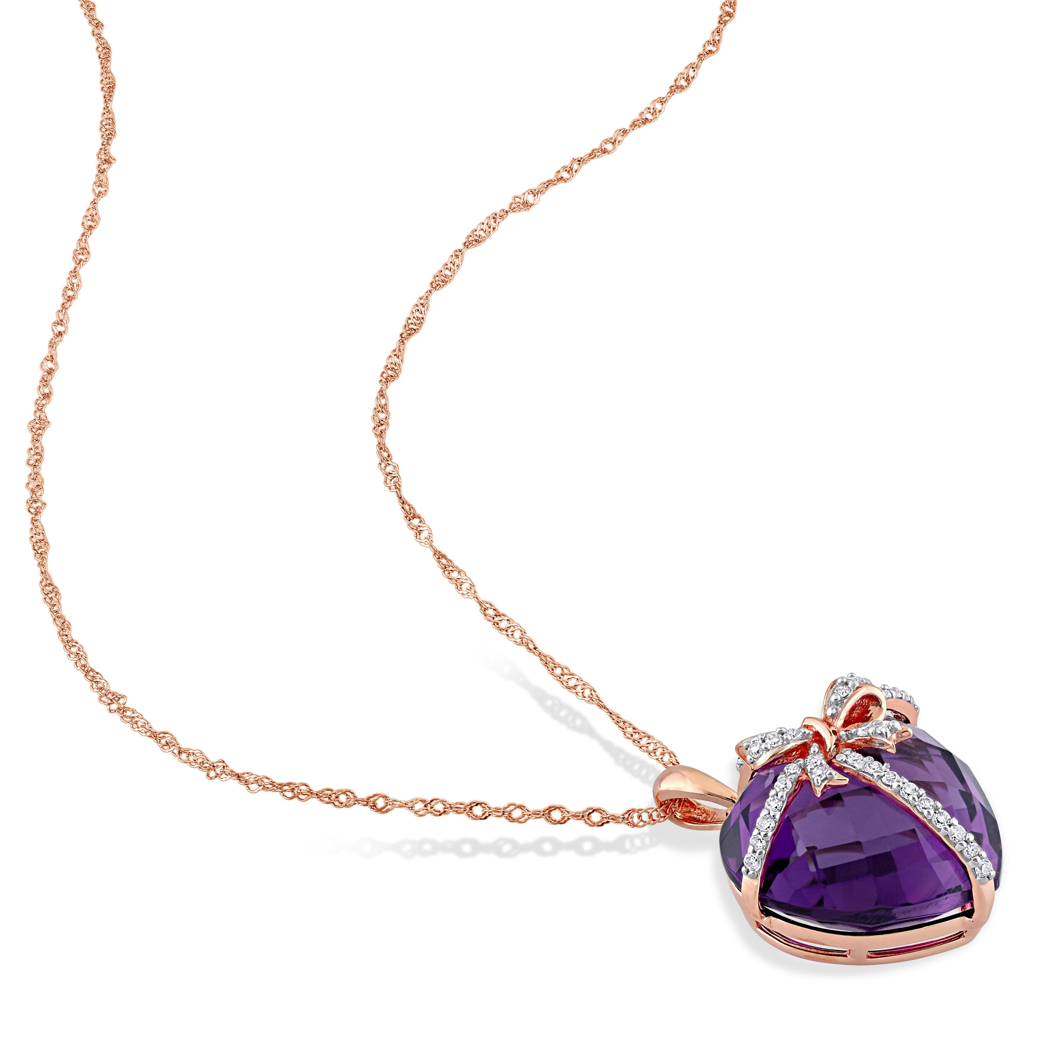 Miadora 12ct TGW Heart-cut Amethyst and 1/8ct TDW Diamond Bow Necklace in 10k Rose Gold