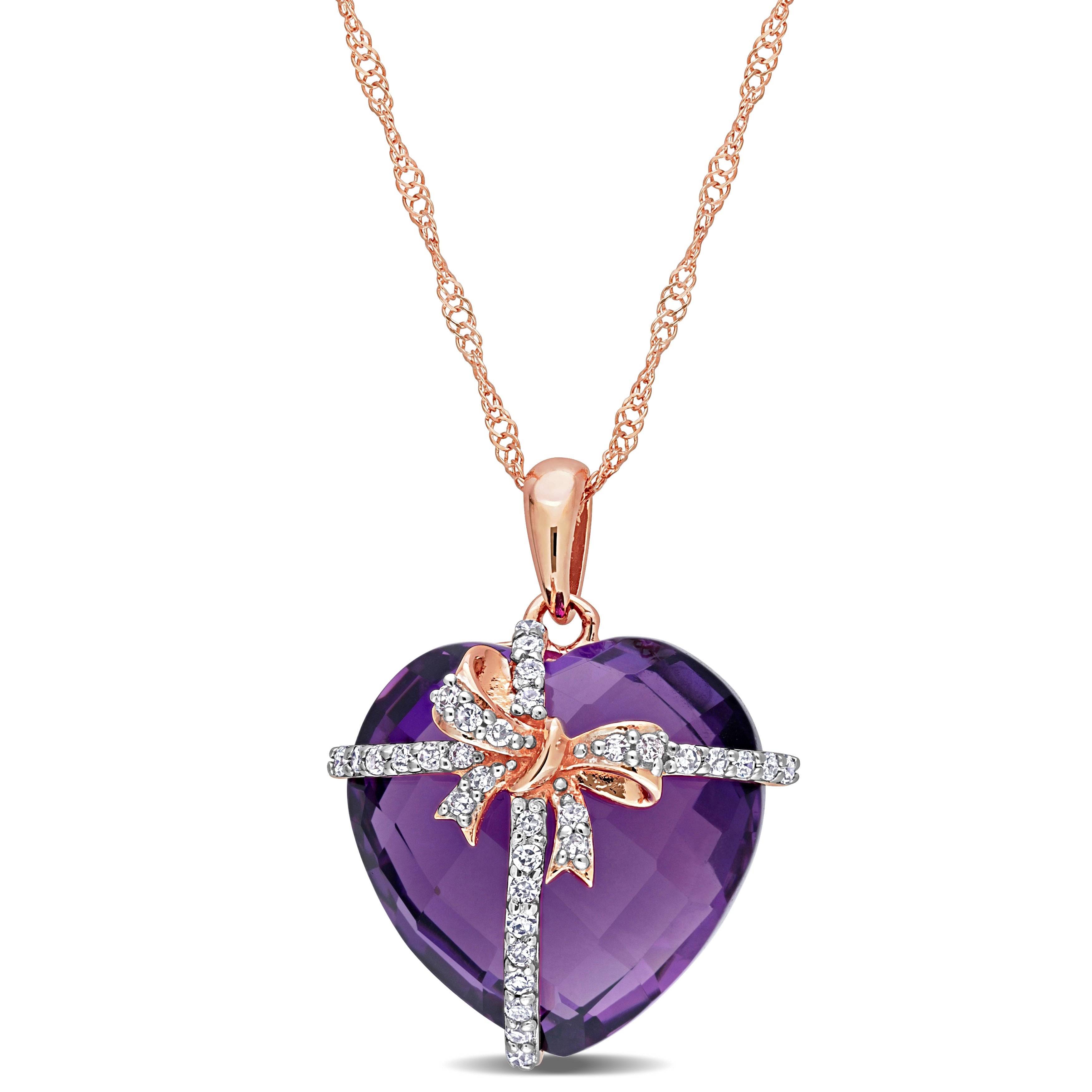 Miadora 12ct TGW Heart-cut Amethyst and 1/8ct TDW Diamond Bow Necklace in 10k Rose Gold