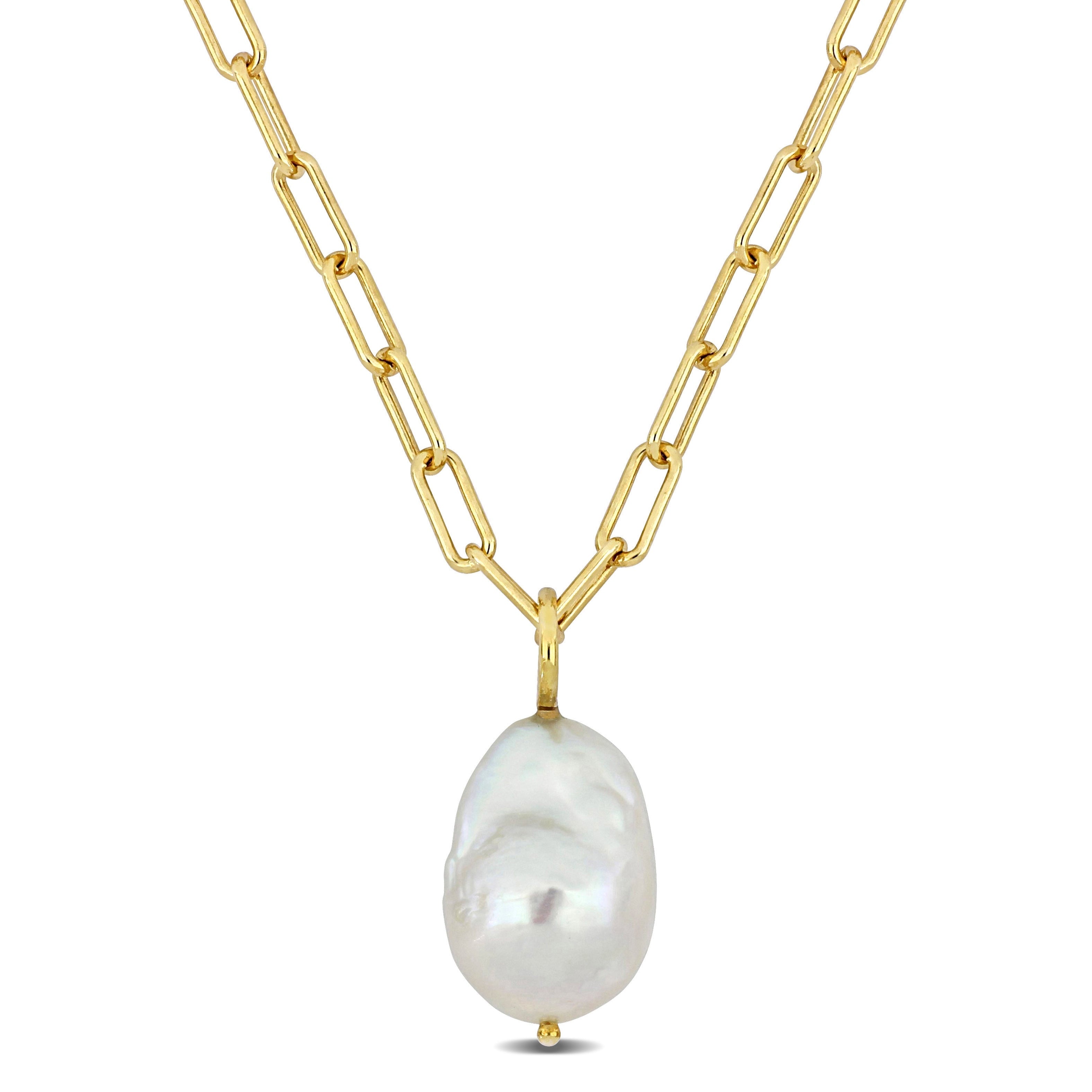 Miadora 13-14mm Natural Shape Cultured Freshwater Pearl and 3.5mm Oval Link Necklace Silver