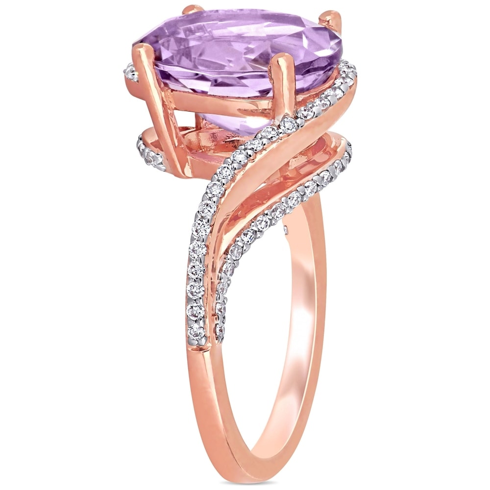 Miadora 14k Rose Gold Oval-Cut Rose de France and 1/3ct TDW Diamond Bypass Cocktail Ring