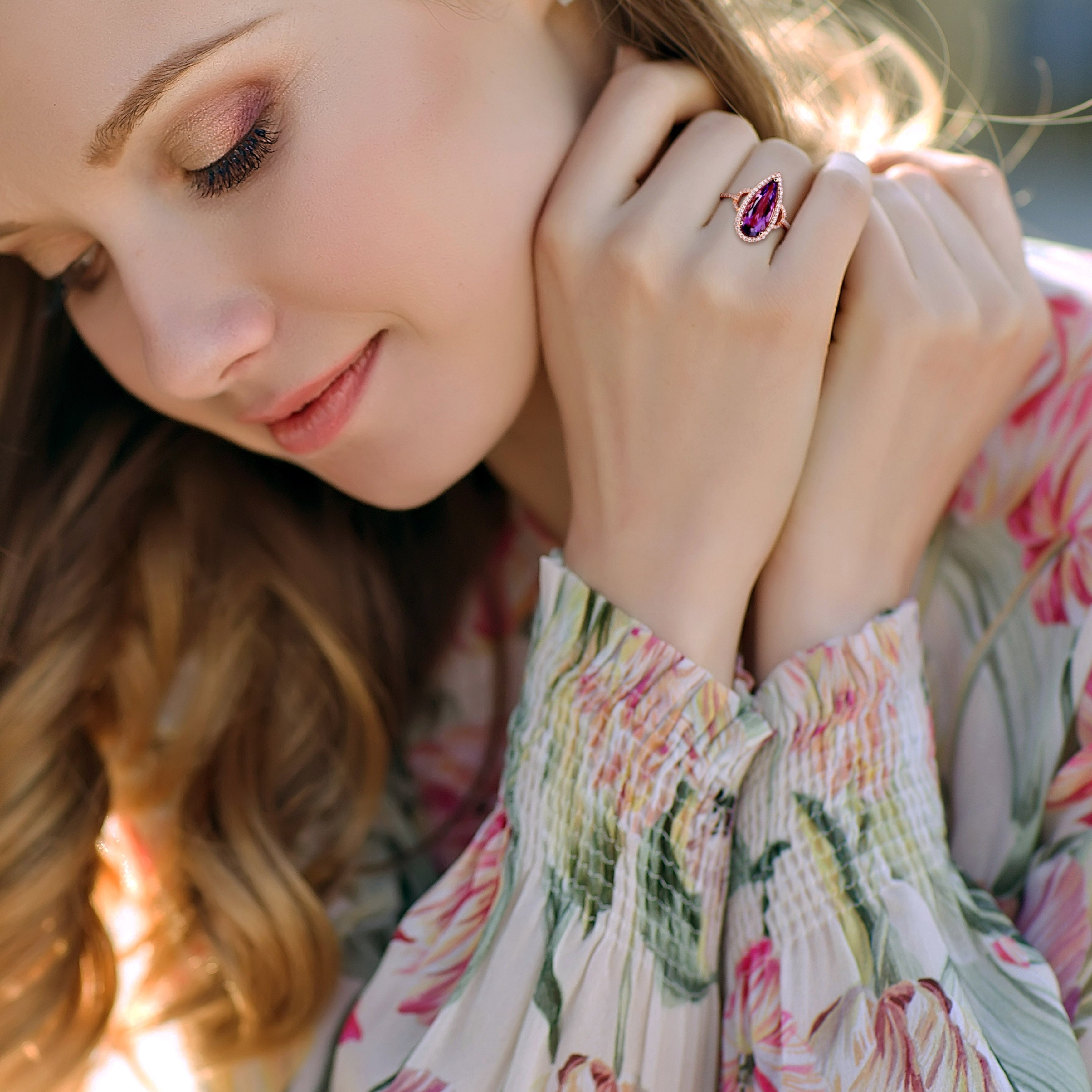 Miadora 14k Rose Gold Pear-cut Amethyst and 1/4ct TDW Diamond Halo Cocktail Ring