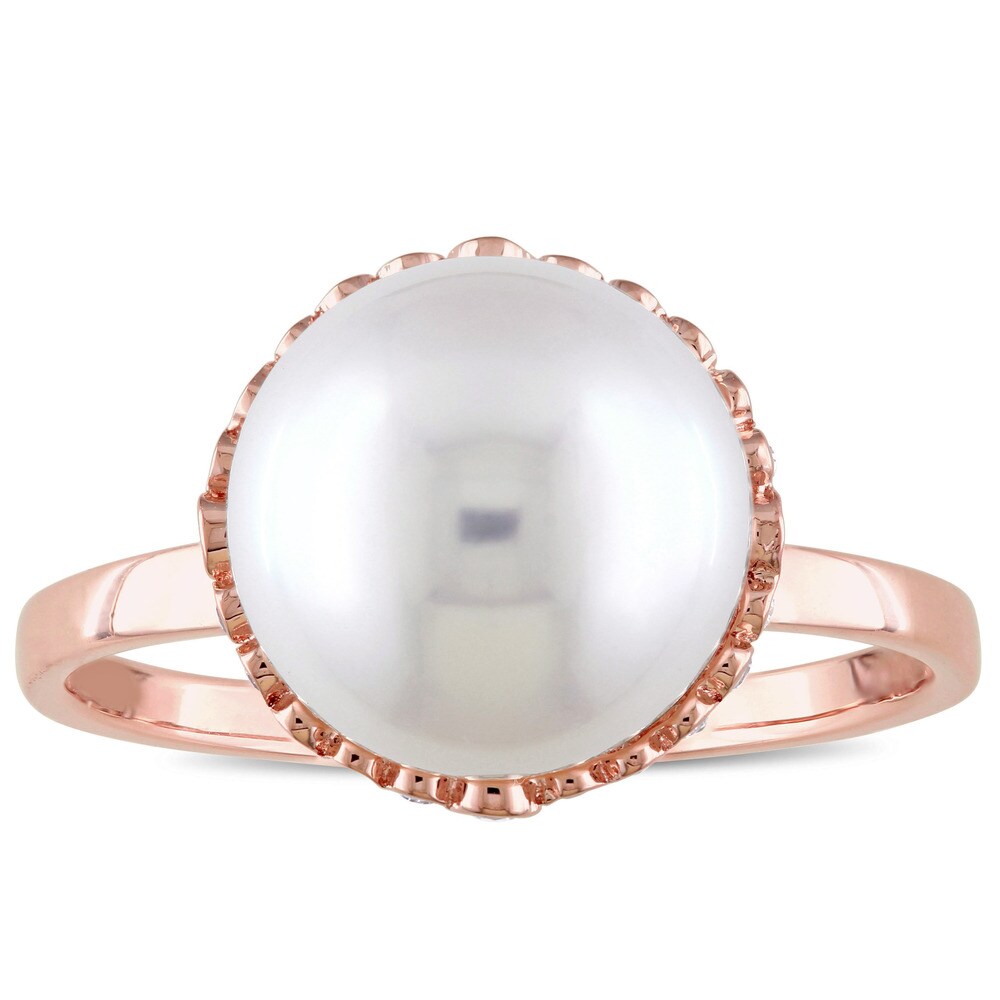 Miadora 14k Rose Gold White Cultured Freshwater Pearl and 1/4ct TDW Diamond Halo Ring (9.5-10 mm) (G