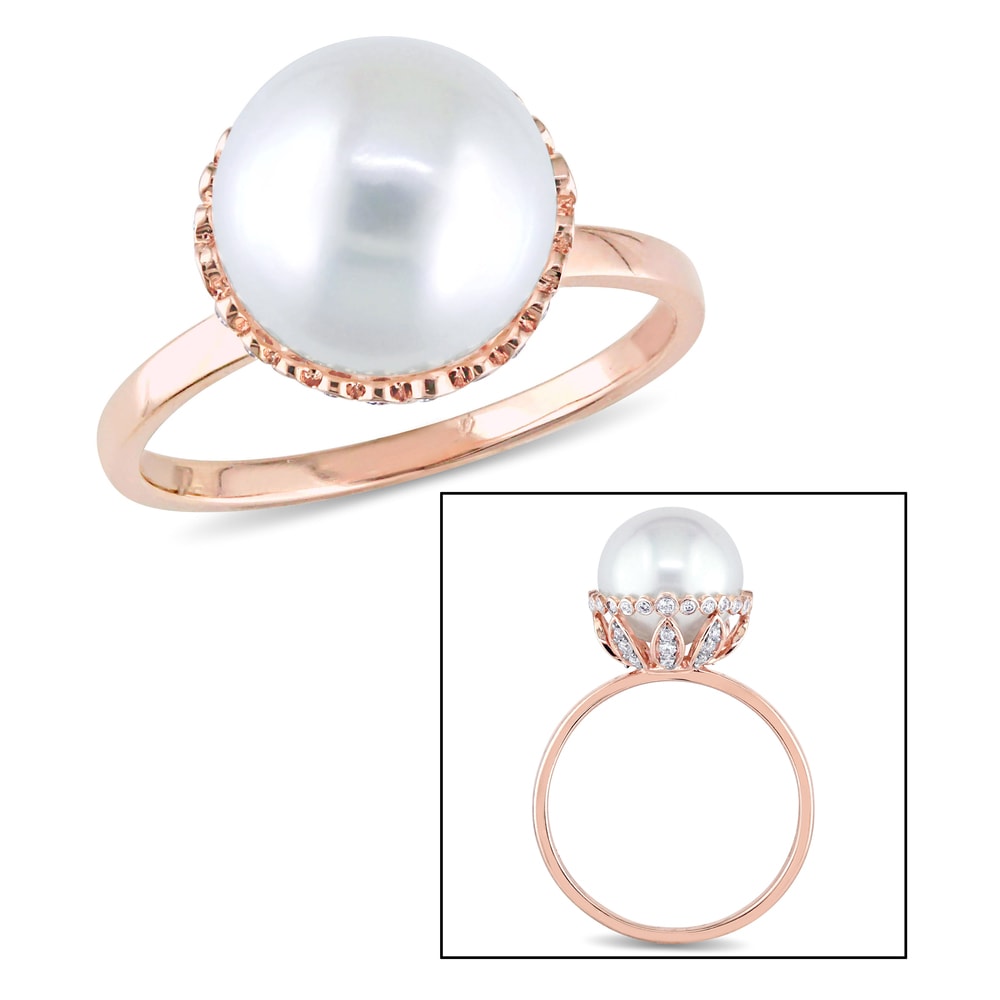 Miadora 14k Rose Gold White Cultured Freshwater Pearl and 1/4ct TDW Diamond Halo Ring (9.5-10 mm) (G