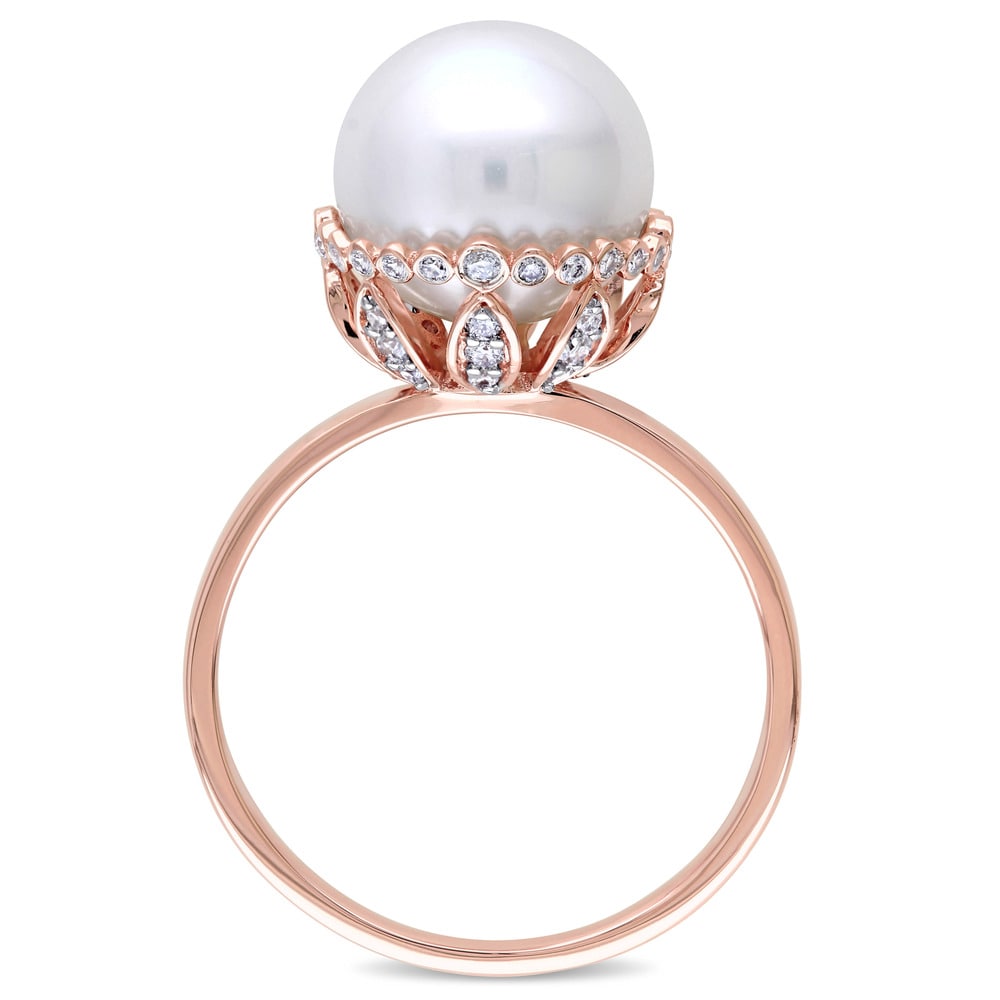 Miadora 14k Rose Gold White Cultured Freshwater Pearl and 1/4ct TDW Diamond Halo Ring (9.5-10 mm) (G