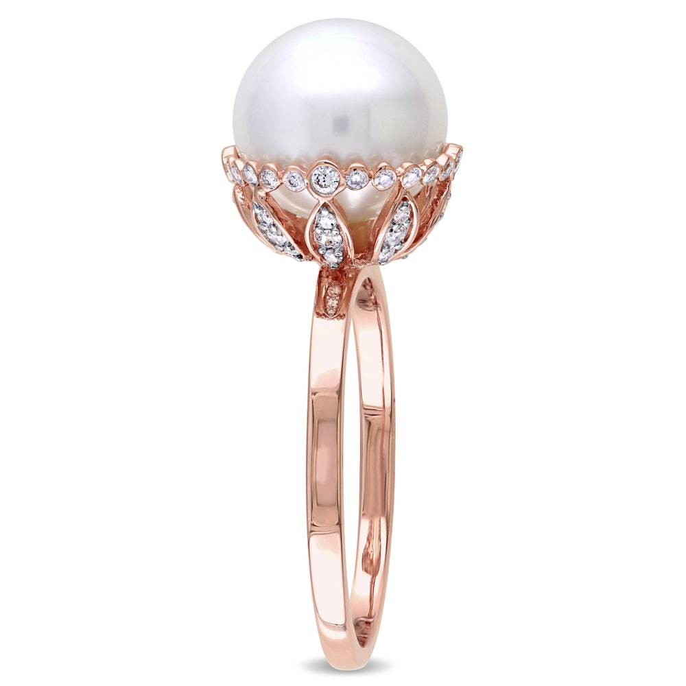 Miadora 14k Rose Gold White Cultured Freshwater Pearl and 1/4ct TDW Diamond Halo Ring (9.5-10 mm) (G