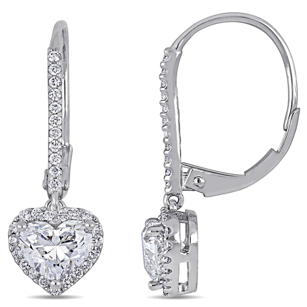 Miadora 14k White Gold 1 3/4ct TDW Certified Diamond Heart Halo Dangle Leverback Earrings (GIA)