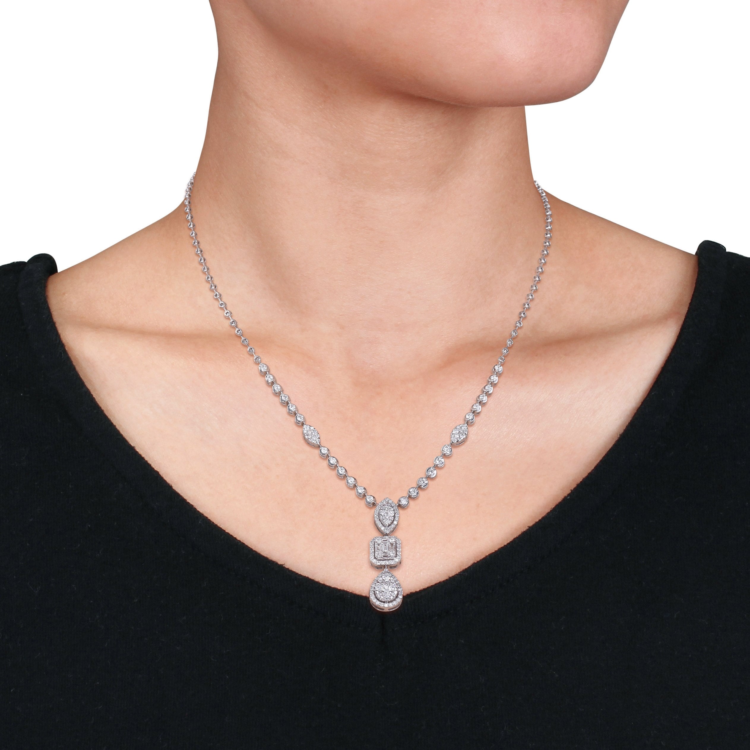 Miadora 14k White Gold 2ct TDW Diamond 3-Tier Geometric Drop Tennis Station Necklace - 36.4 mm x 17 inch x 8.9 mm