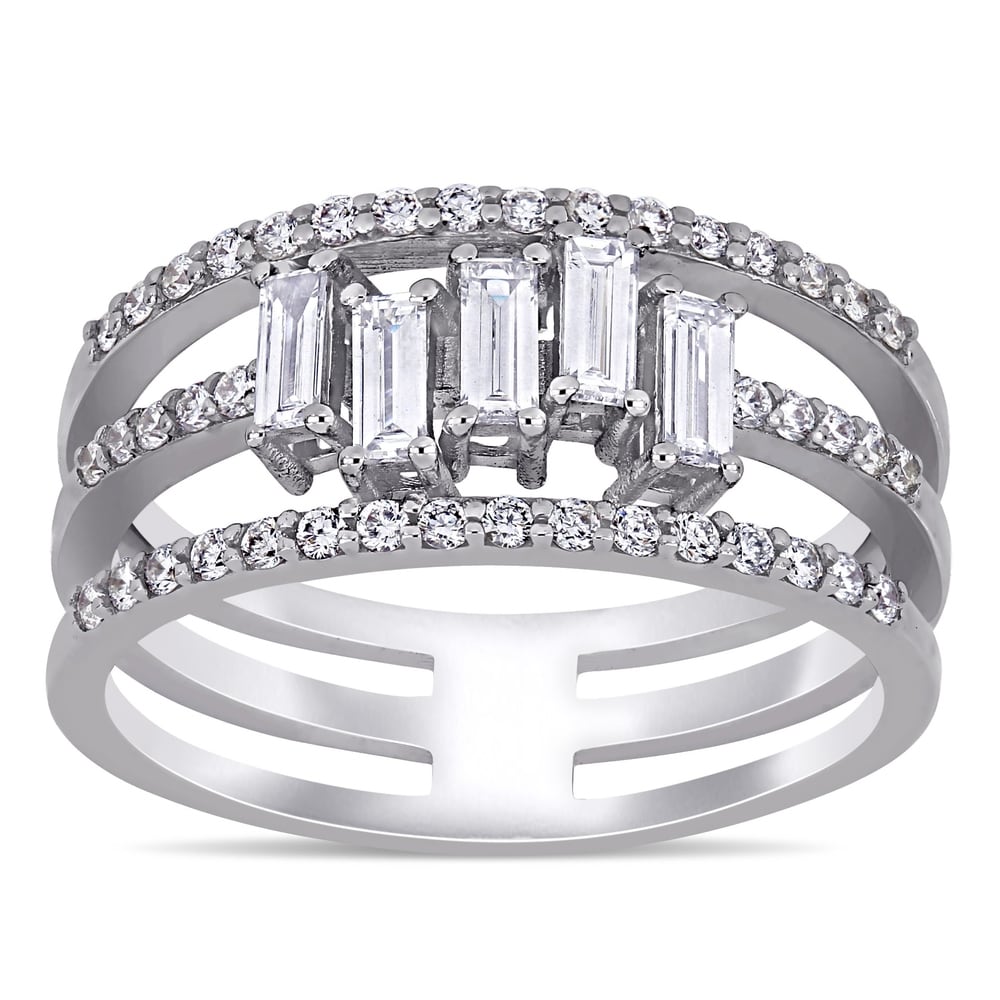 Miadora 14k White Gold 5/8ct TDW Baguette and Round-Cut 3-Row Geometric Anniversary Band ring
