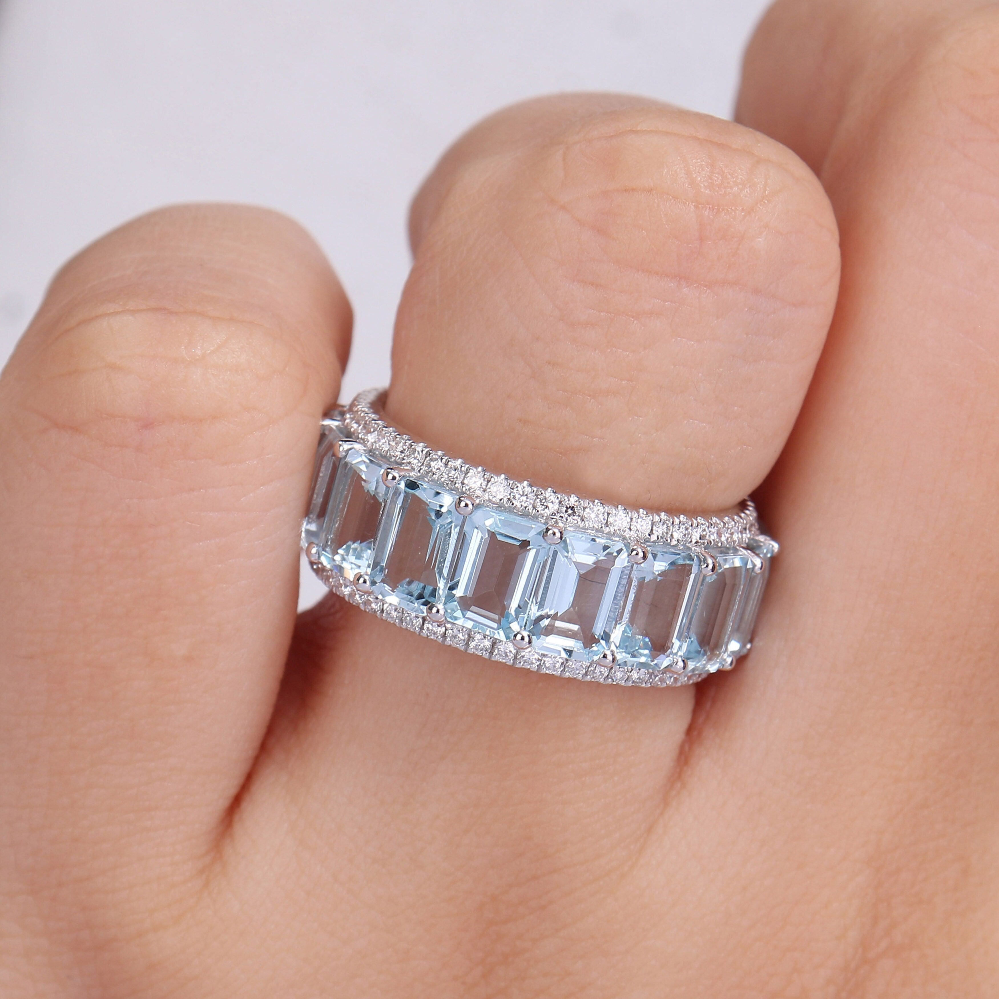 Miadora 14k White Gold 9 1/3ct TGW Aquamarine & 5/8ct TDW Diamond Eternity Wedding Band Ring