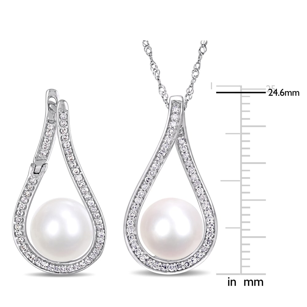 Miadora 14k White Gold Cultured FW Pearl and 1/2ct TDW Diamond Loop Drop Jewelry Set (9-10 MM)