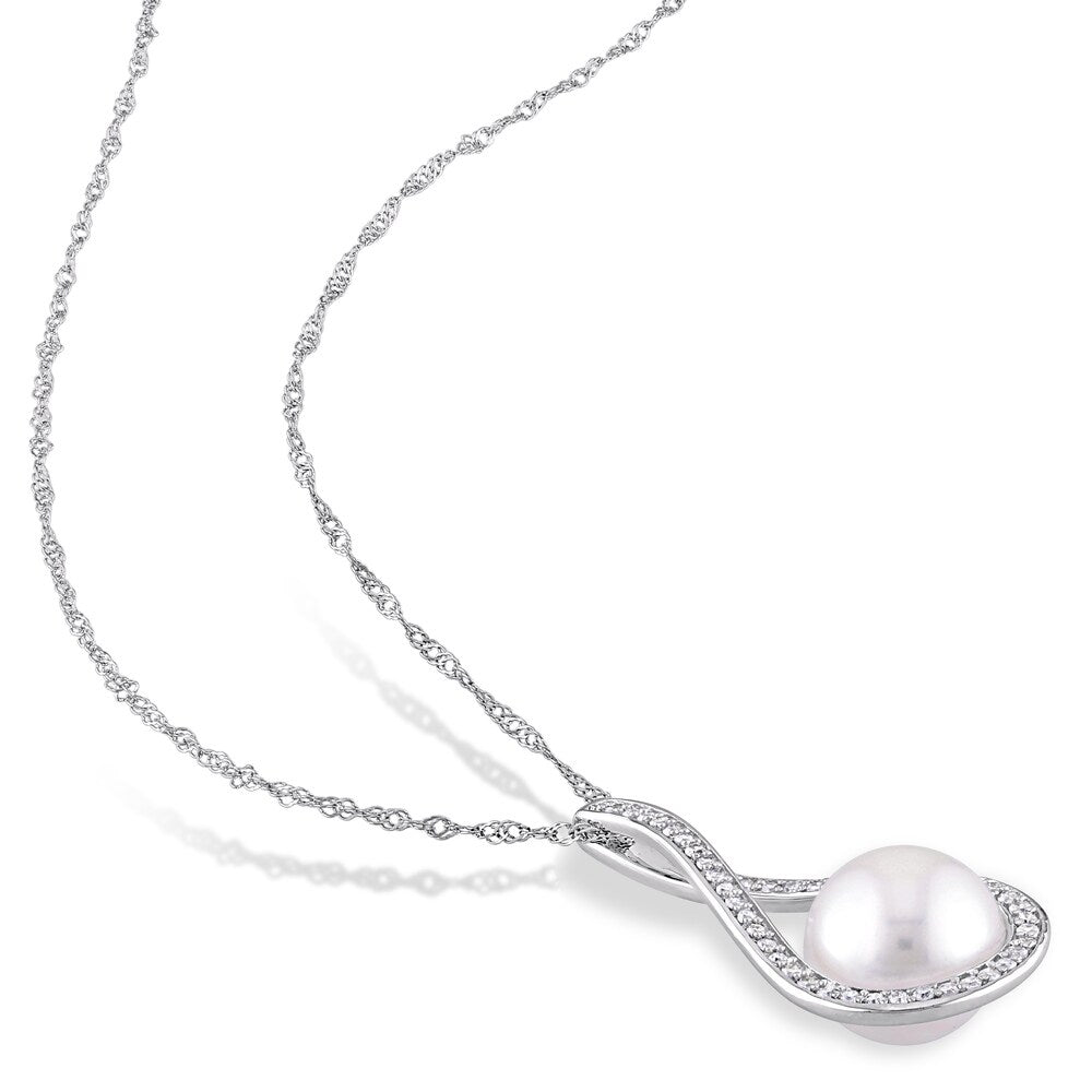Miadora 14k White Gold Cultured FW Pearl and 1/2ct TDW Diamond Loop Drop Jewelry Set (9-10 MM)
