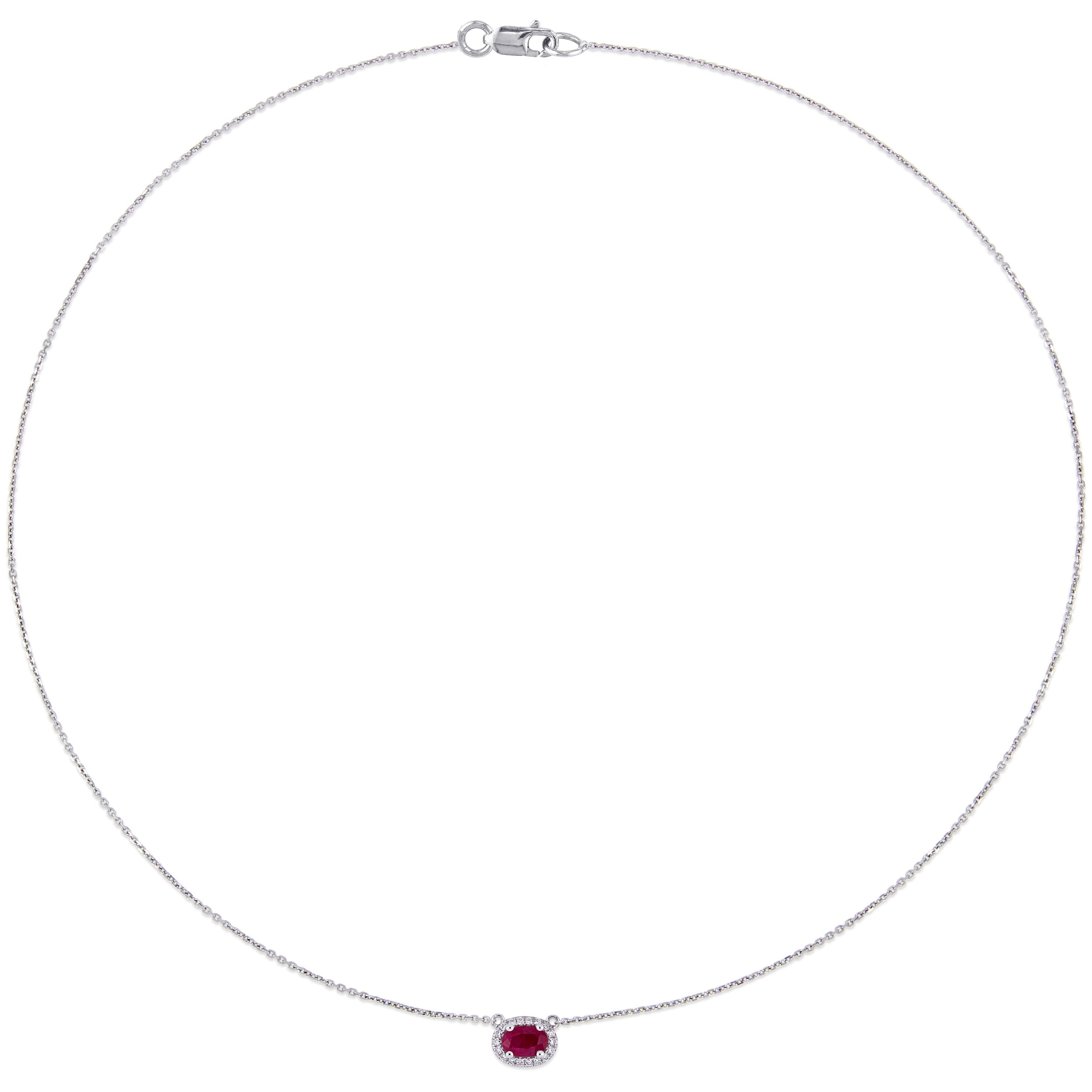 Miadora 14k White Gold Oval-Cut Ruby & 1/10ct TDW Diamond Stationed Halo Necklace