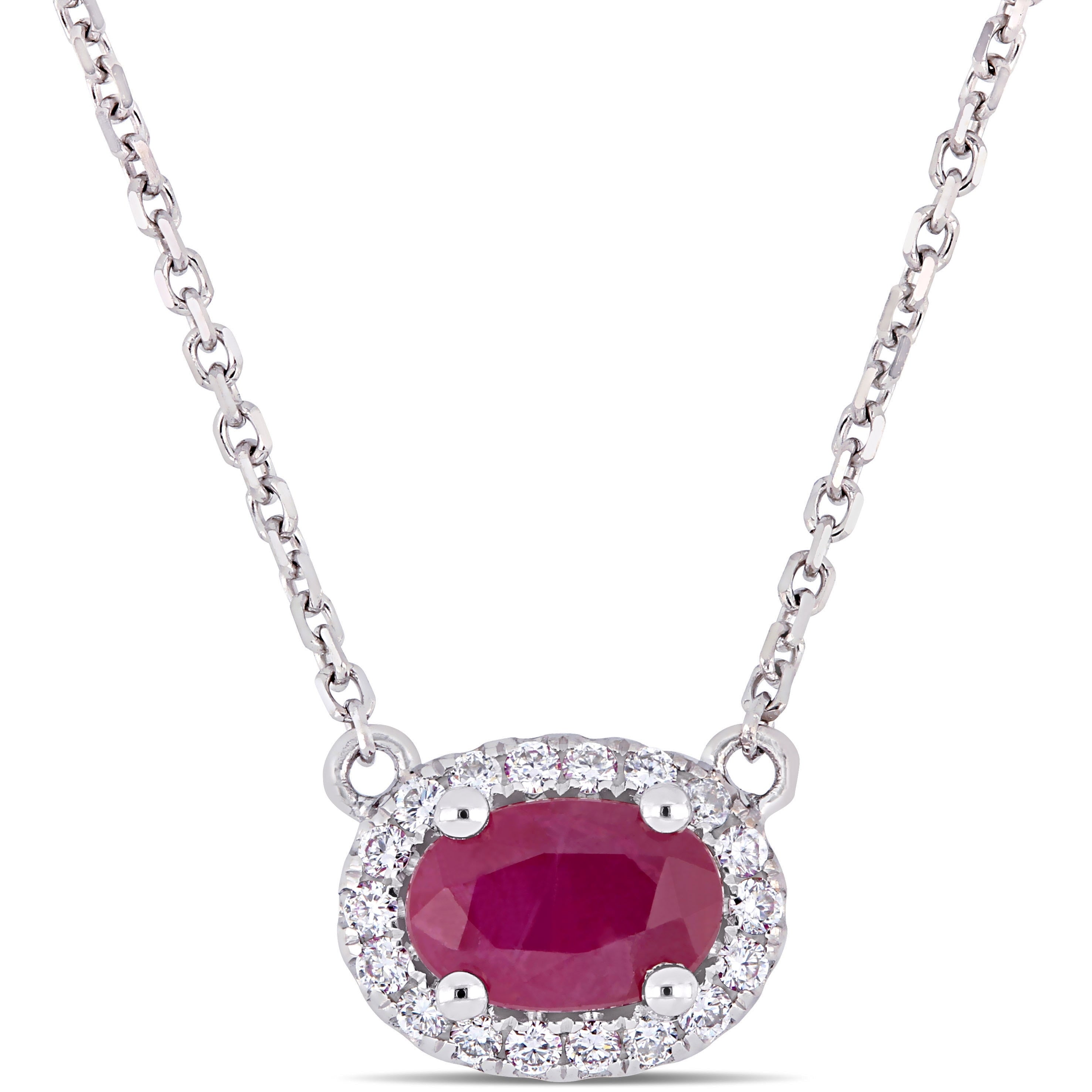 Miadora 14k White Gold Oval-Cut Ruby & 1/10ct TDW Diamond Stationed Halo Necklace
