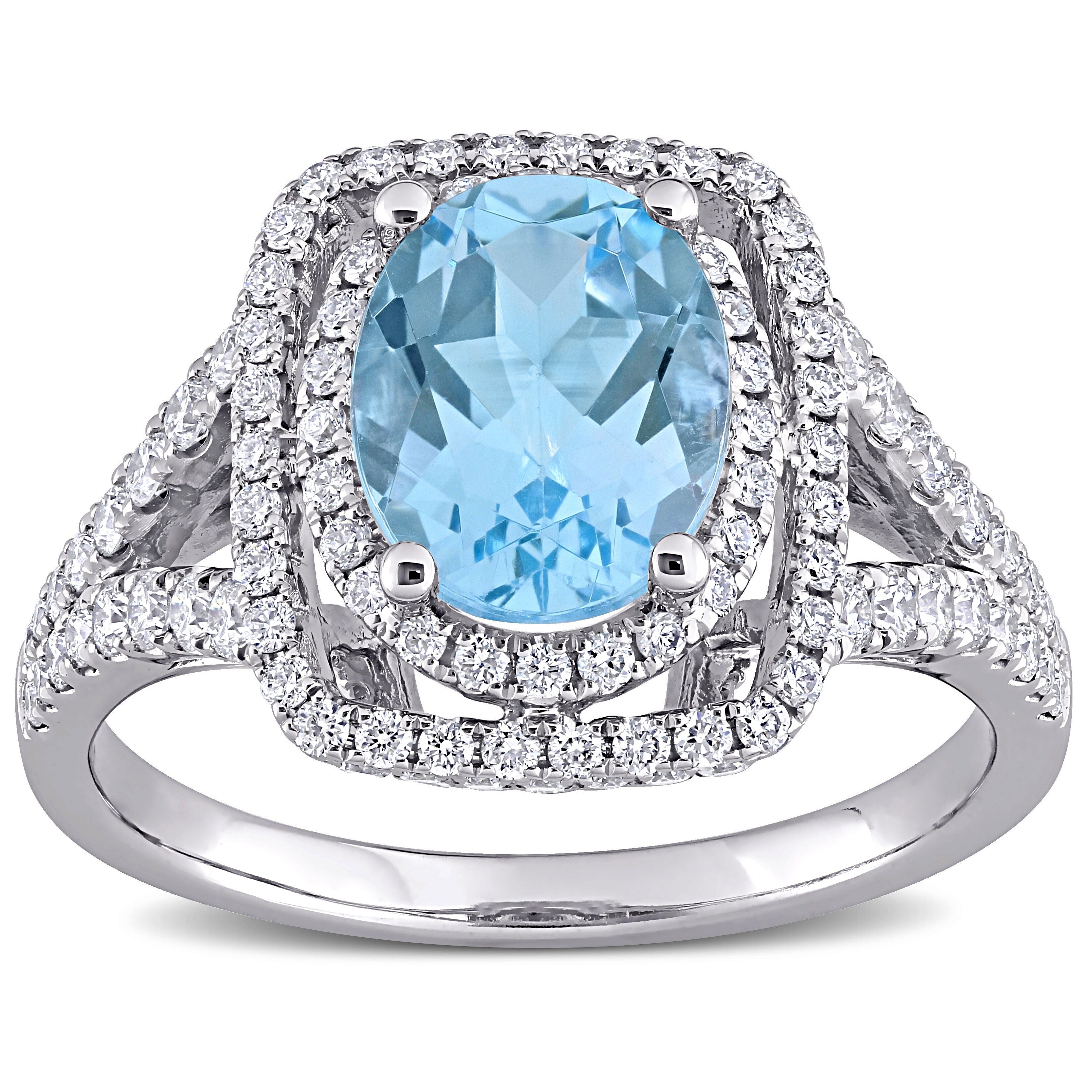 Miadora 14k White Gold Oval-cut Blue Topaz and 4/5ct TDW Diamond Halo Split Shank Cocktail Ring