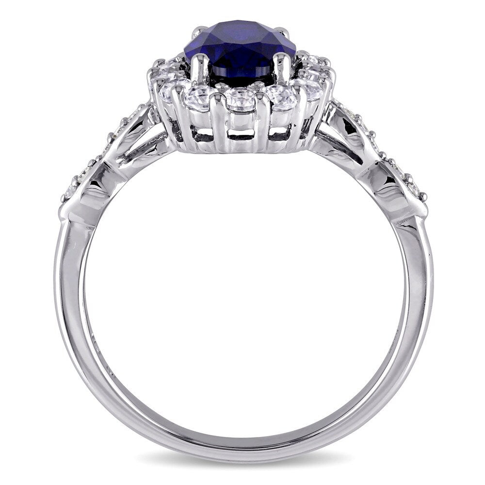 Miadora 14k White Gold Oval-cut Created Blue Sapphire, White Topaz and Diamond Accent Halo Cocktail