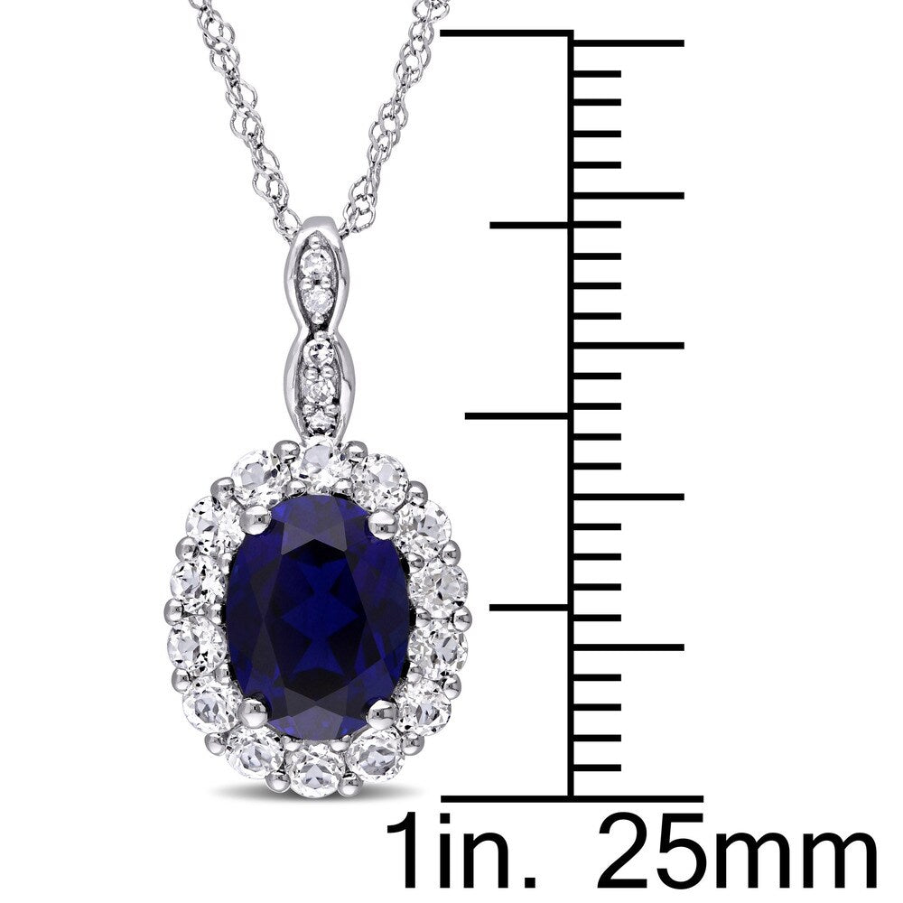 Miadora 14k White Gold Oval-cut Created Blue Sapphire White Topaz and Diamond Accent Halo Necklace