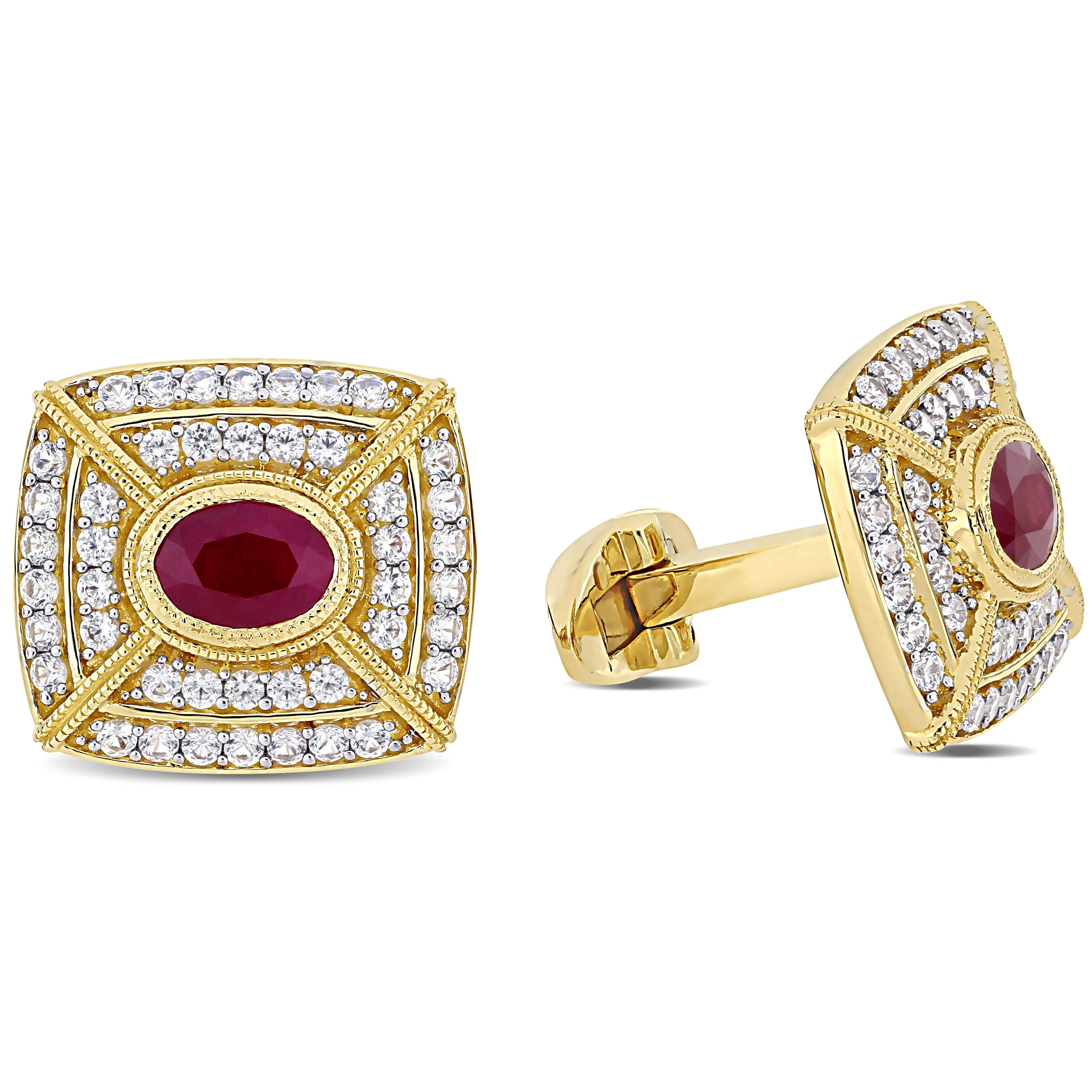 Miadora 14k Yellow Gold 3 1/5ct TGW Oval-cut Ruby and White Sapphire Square Halo Clustered Cufflinks