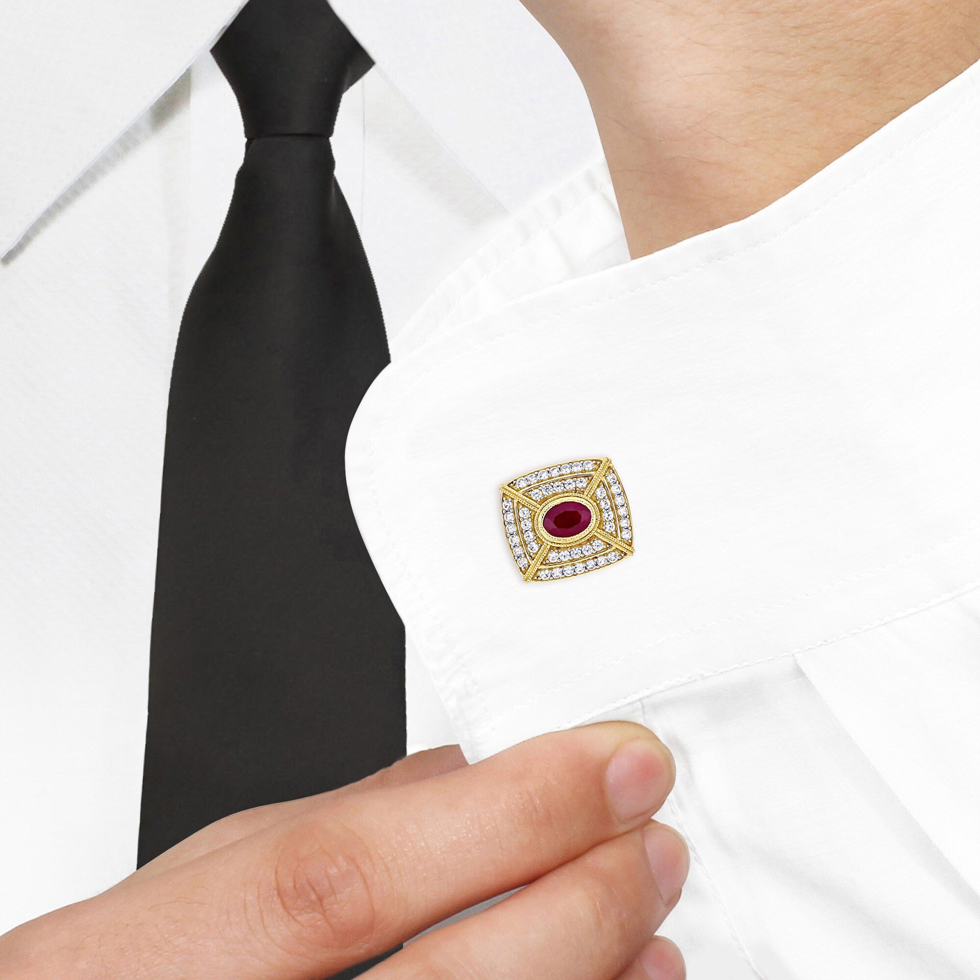 Miadora 14k Yellow Gold 3 1/5ct TGW Oval-cut Ruby and White Sapphire Square Halo Clustered Cufflinks