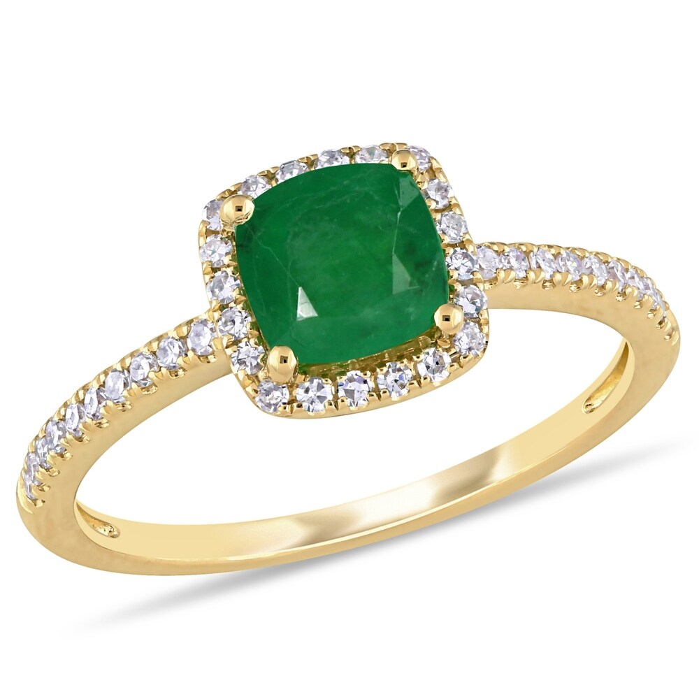Miadora 14k Yellow Gold Cushion-cut Emerald & 1/5ct TDW Diamond Halo Engagement Ring