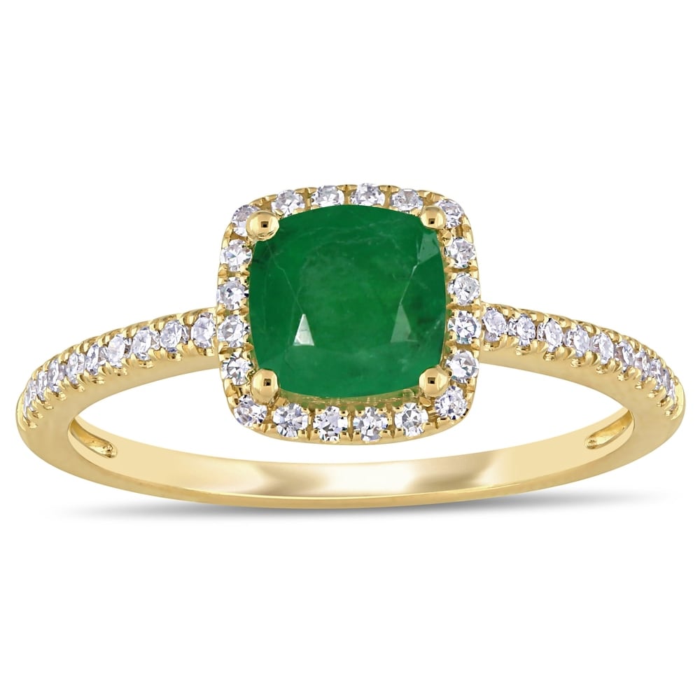 Miadora 14k Yellow Gold Cushion-cut Emerald & 1/5ct TDW Diamond Halo Engagement Ring