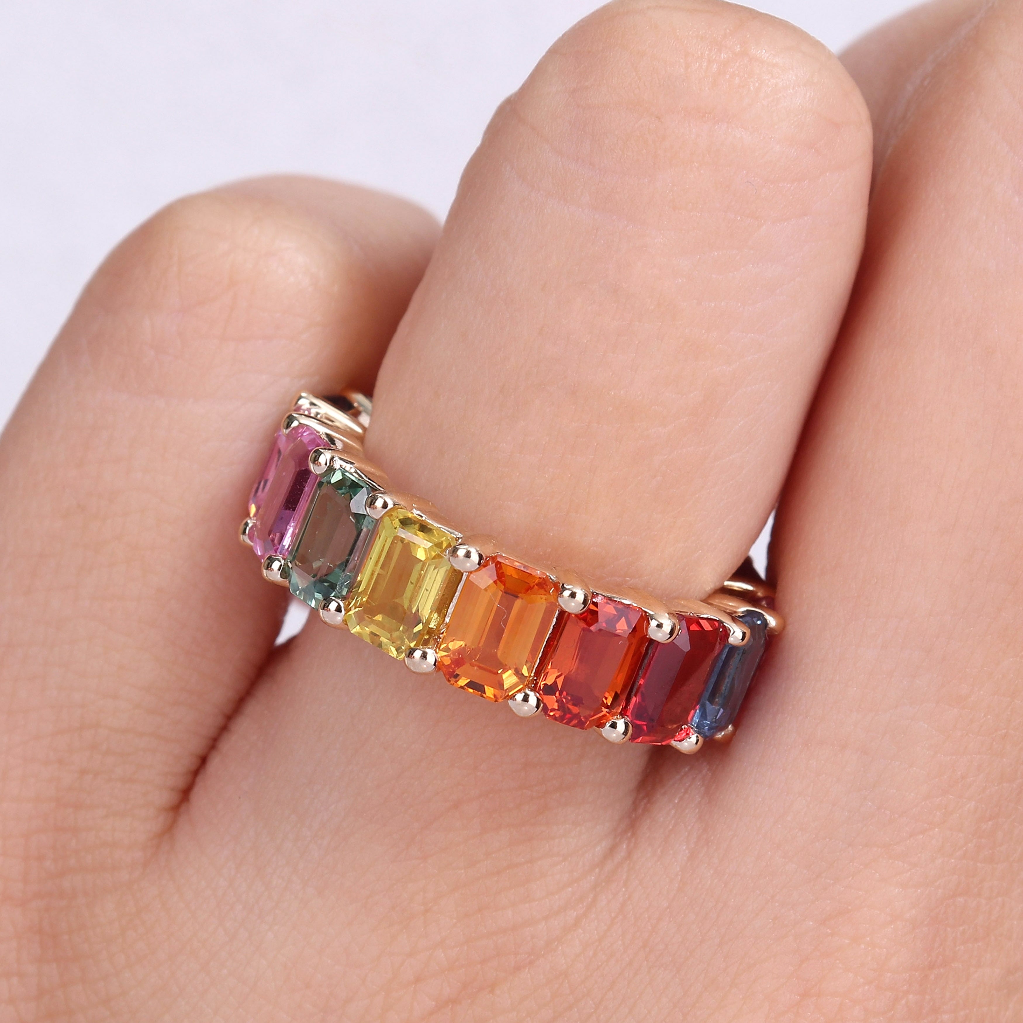 Miadora 14k Yellow Gold Octagon-cut Multi-color Sapphire Full-Eternity Band Ring