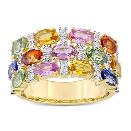 Oval-Cut Multi-Color Sapphire Semi-Eternity 3-Row Anniversary Band in 14k Yellow Gold by Miadora