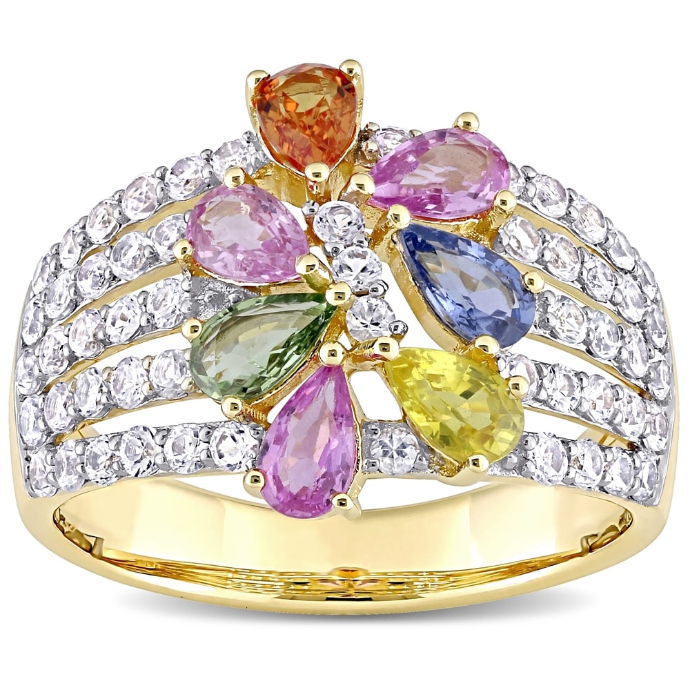 Miadora 14k Yellow Gold Pear-Cut Multi-Color Sapphire Cluster Statement Ring