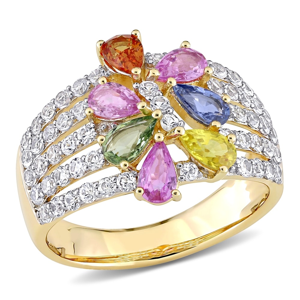 Miadora 14k Yellow Gold Pear-Cut Multi-Color Sapphire Cluster Statement Ring