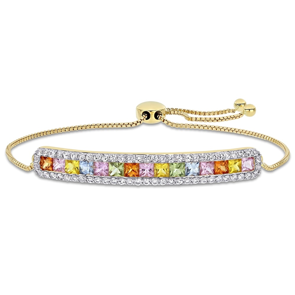 Miadora 14k Yellow Gold Square-Cut Multi-Color Sapphire Studded Bar Bolo Bracelet