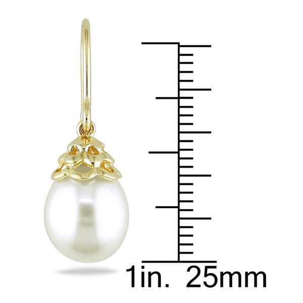 Miadora 14k Yellow Gold White Cultured Freshwater Pearl Drop Earrings (9-10 mm)