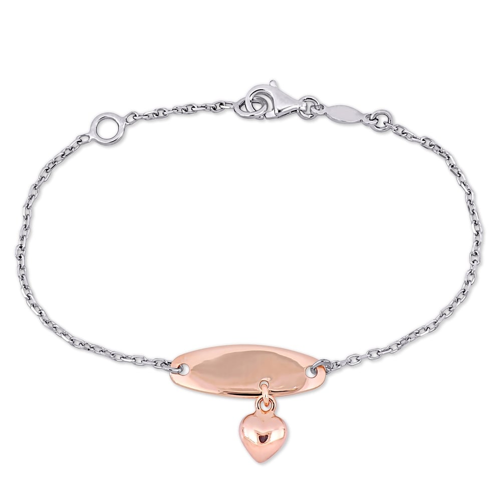 Miadora 18k 2-Tone White and Rose Gold Heart Charm ID Station Bracelet