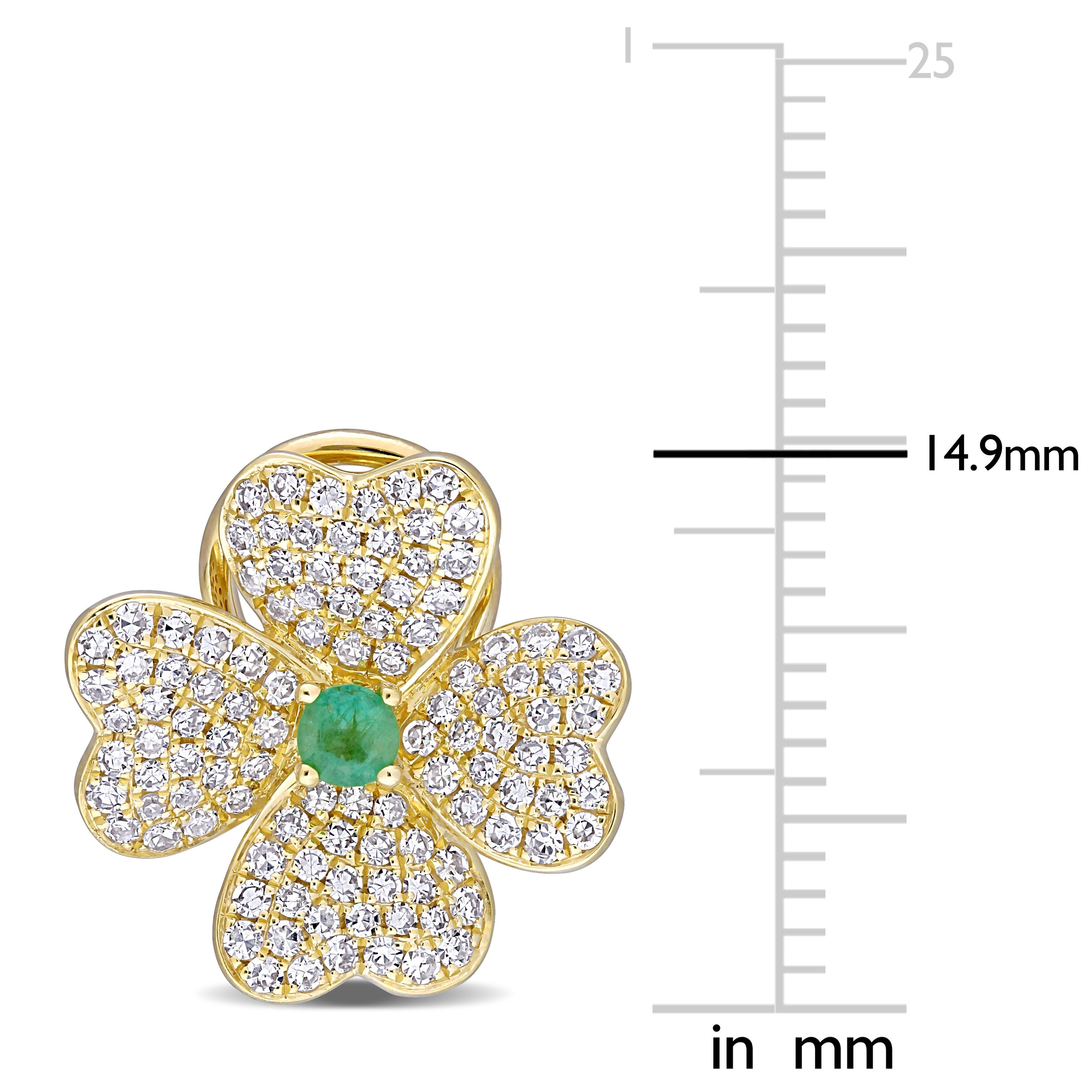 Miadora 18k Yellow Gold Emerald and 1ct TDW Diamond Cluster Floral Earrings - 14.9mm x 15.1mm x 9.3 mm