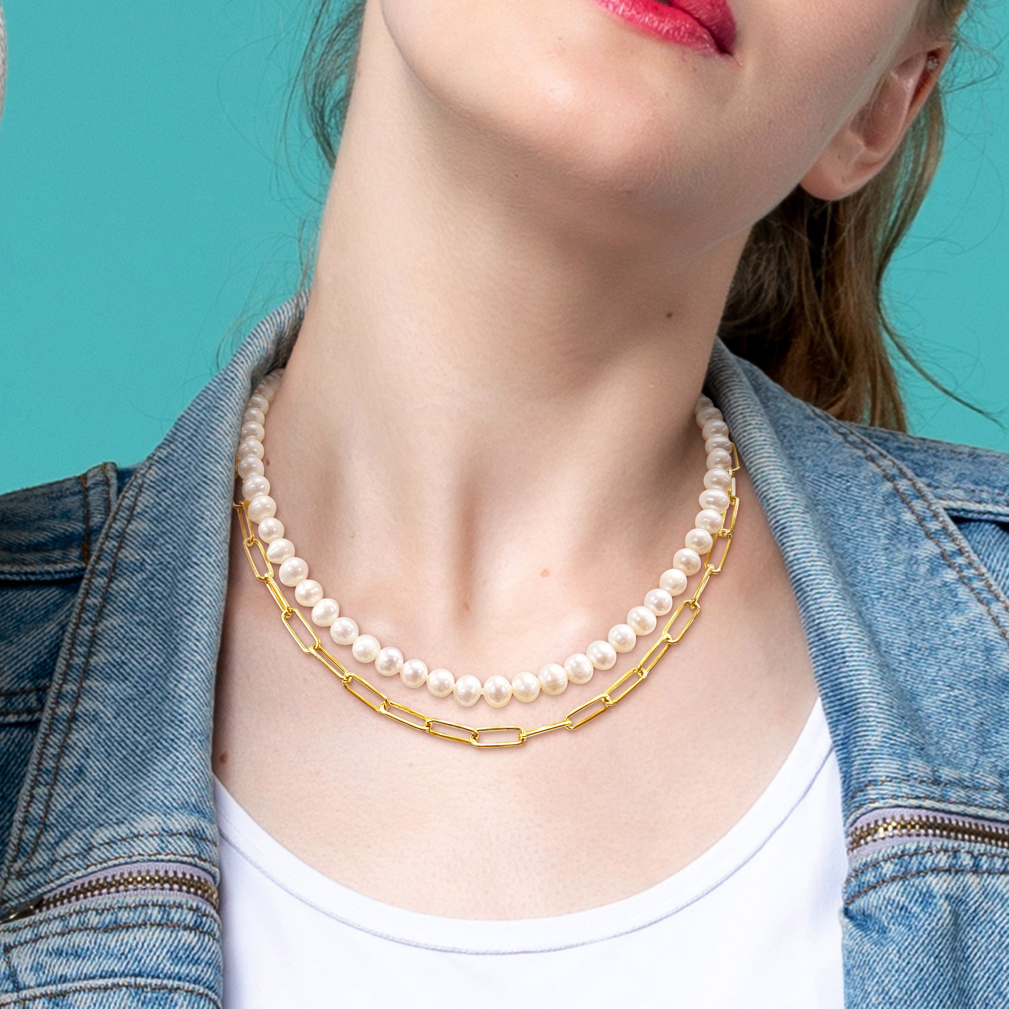 Miadora 18k Yellow Gold Plated Sterling Silver Cultured Freshwater Pearl Link Chain Layered Necklace