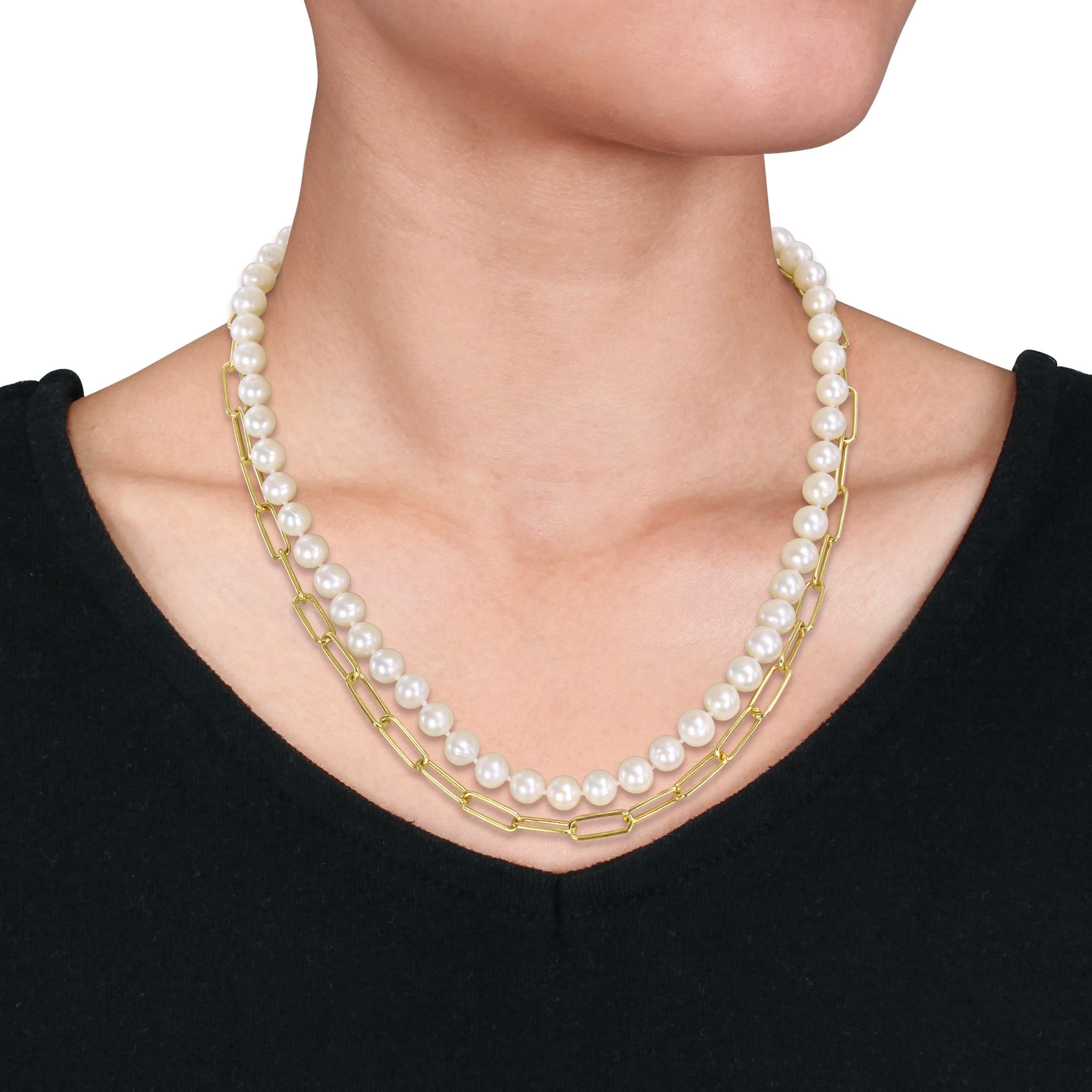 Miadora 18k Yellow Gold Plated Sterling Silver Cultured Freshwater Pearl Link Chain Layered Necklace