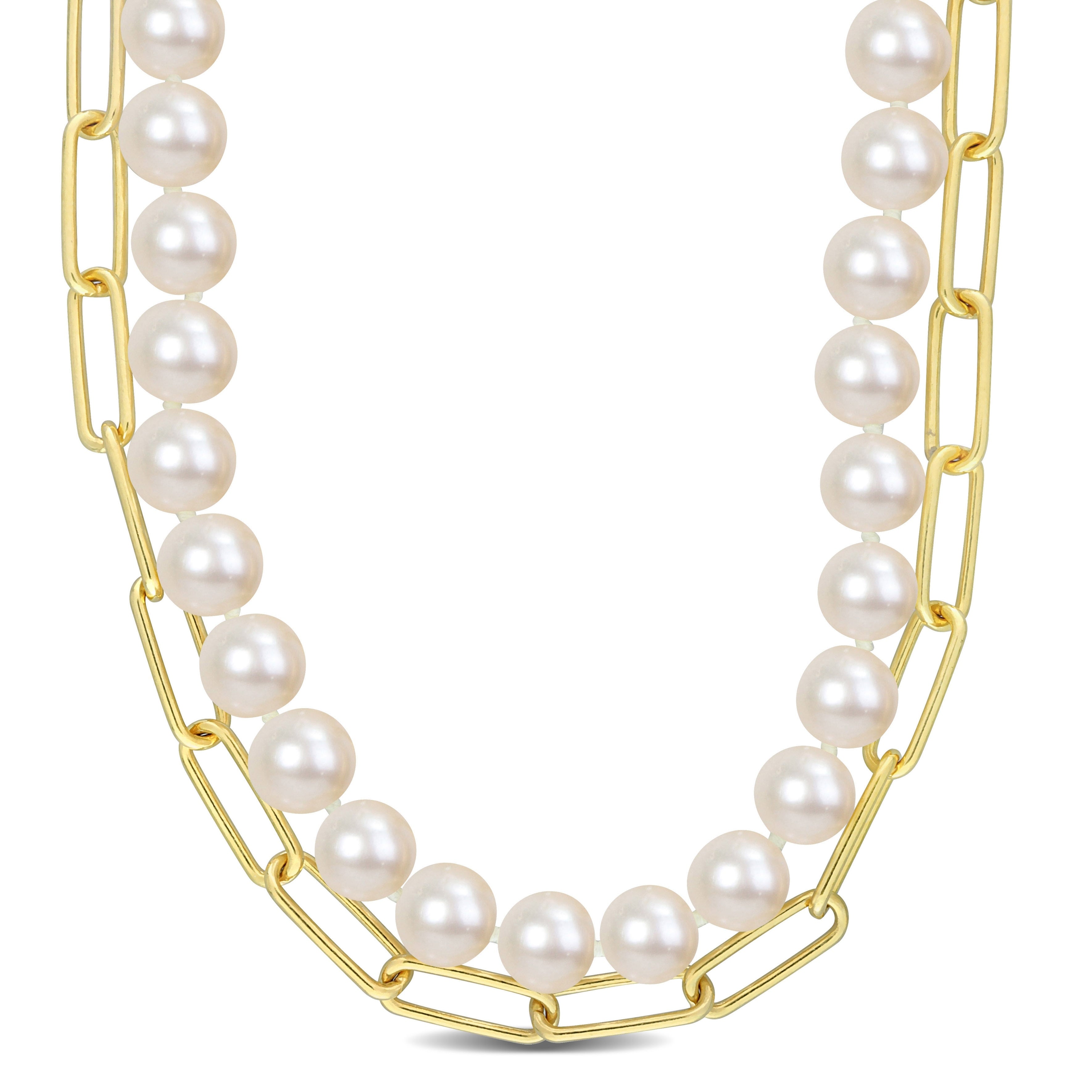 Miadora 18k Yellow Gold Plated Sterling Silver Cultured Freshwater Pearl Link Chain Layered Necklace